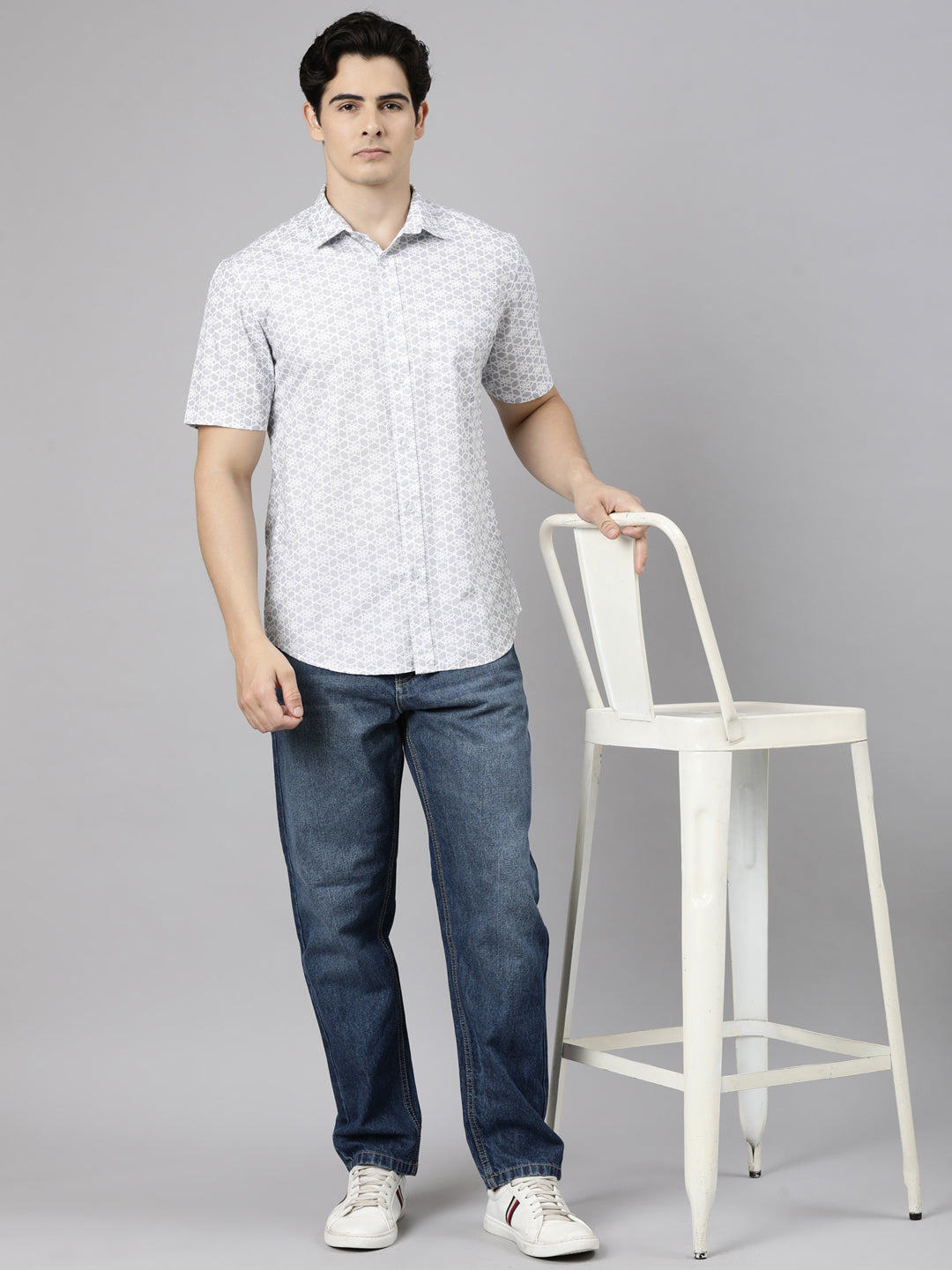 Classic Polo Men's Half Sleeve Light Grey Polo Neck Slim Fit Printed Cotton Casual Shirt | SR1-CL-26 B-HS-PRT-SF