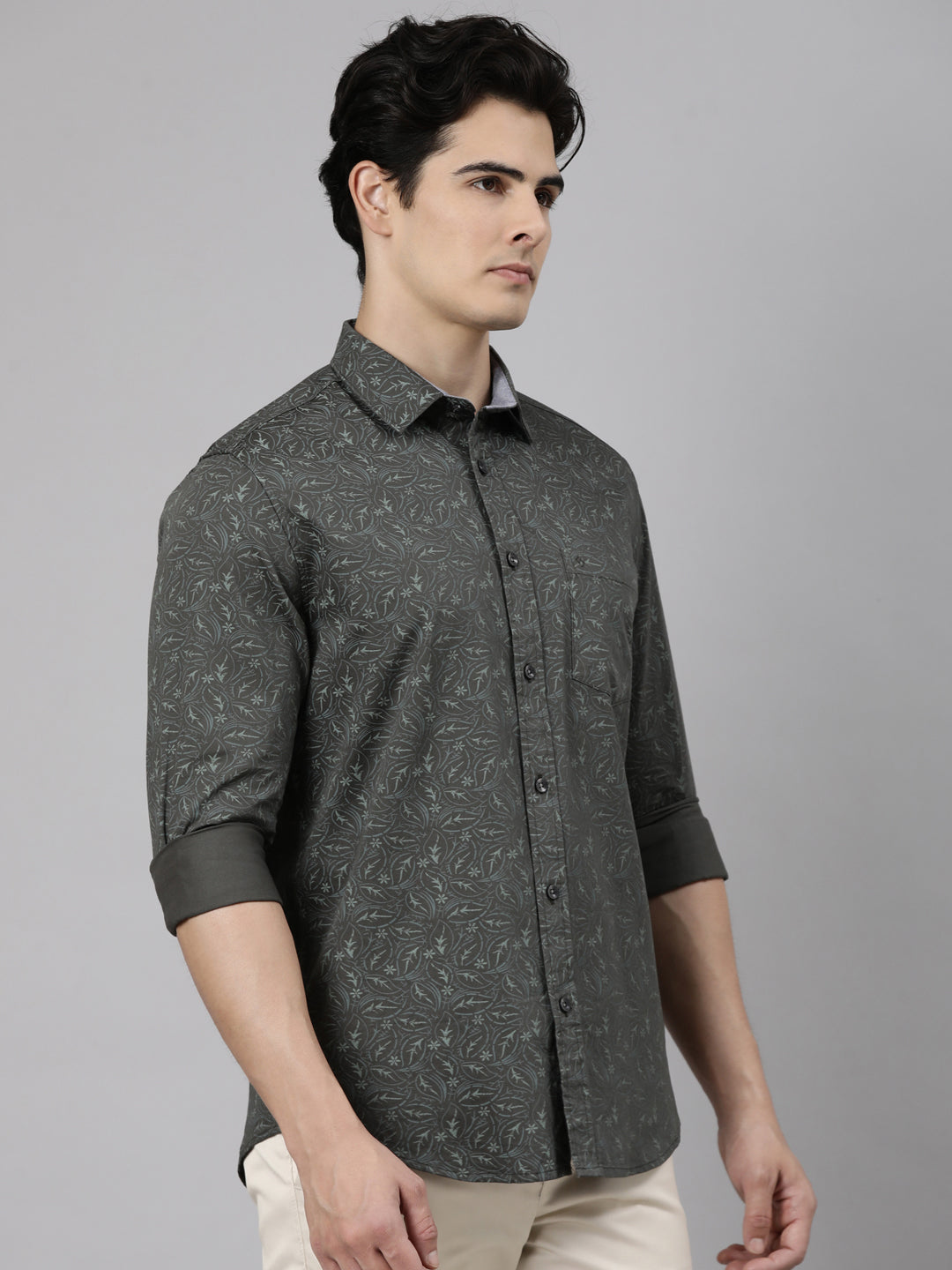 Classic Polo Men's Full Sleeve Dark Olive Polo Neck Slim Fit Printed Cotton Casual Shirt | SR1-CL-27 A-FS-PRT-SF