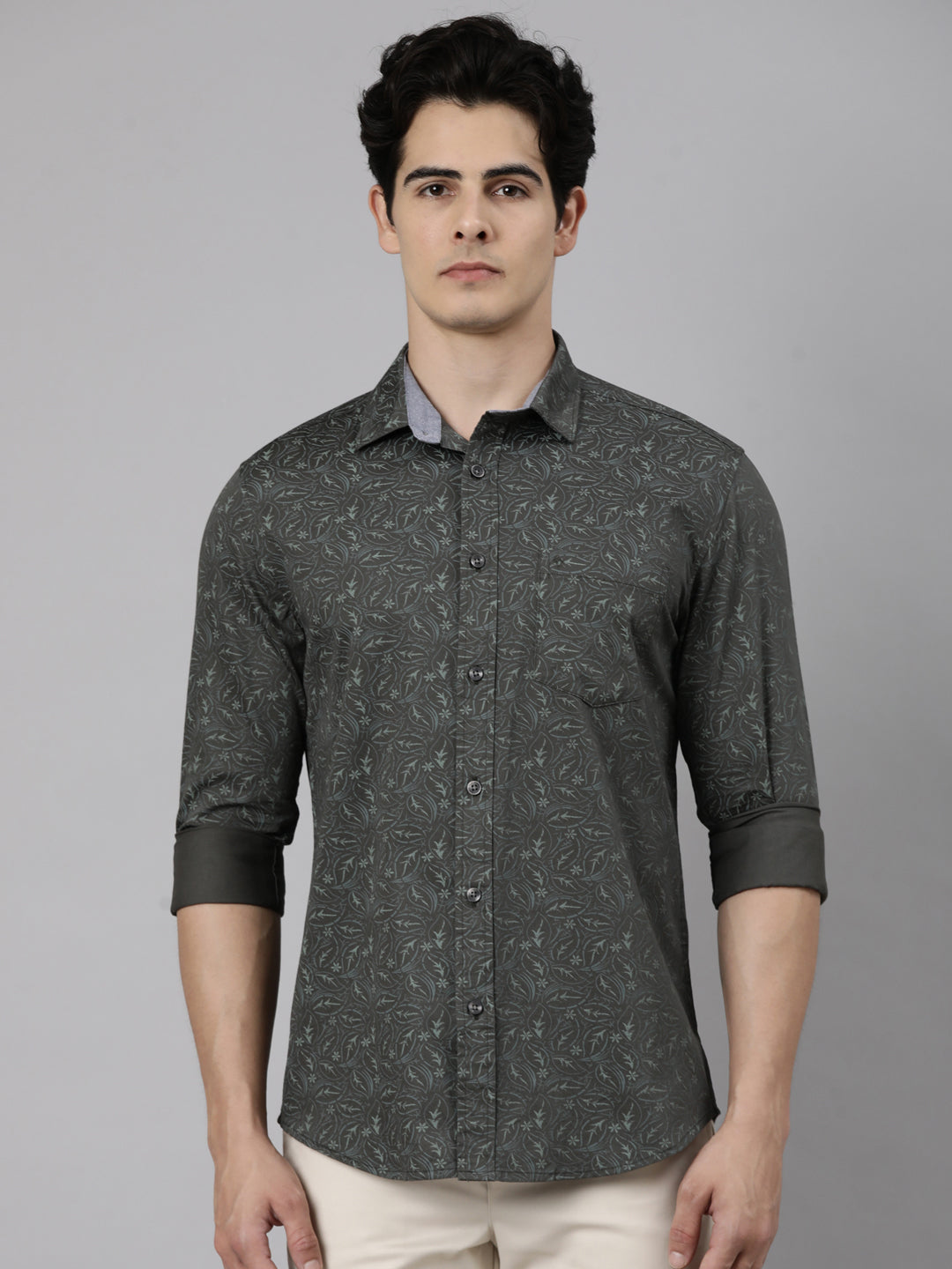 Classic Polo Men's Full Sleeve Dark Olive Polo Neck Slim Fit Printed Cotton Casual Shirt | SR1-CL-27 A-FS-PRT-SF
