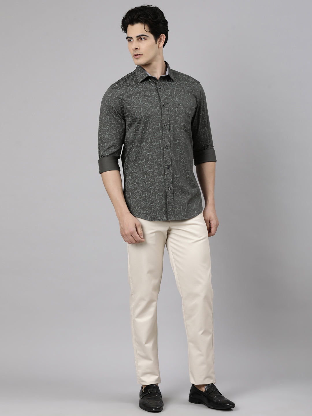 Classic Polo Men's Full Sleeve Dark Olive Polo Neck Slim Fit Printed Cotton Casual Shirt | SR1-CL-27 A-FS-PRT-SF