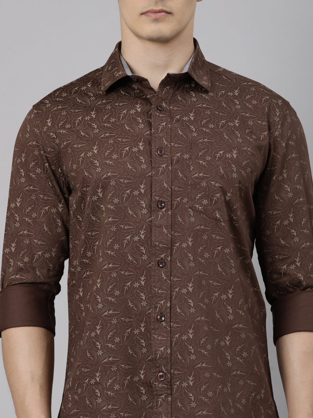 Classic Polo Men's Full Sleeve Brown Polo Neck Slim Fit Printed Cotton Casual Shirt | SR1-CL-27 B-FS-PRT-SF
