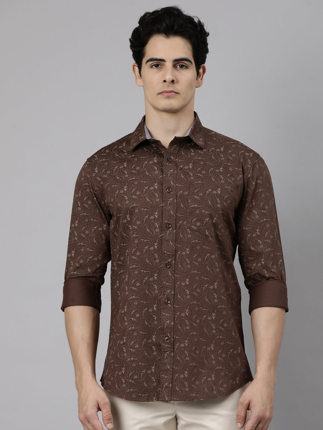 Classic Polo Men's Full Sleeve Brown Polo Neck Slim Fit Printed Cotton Casual Shirt | SR1-CL-27 B-FS-PRT-SF