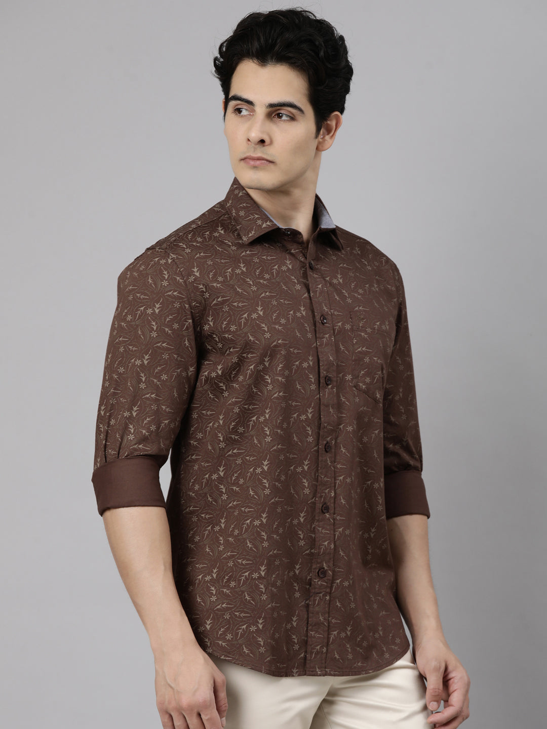 Classic Polo Men's Full Sleeve Brown Polo Neck Slim Fit Printed Cotton Casual Shirt | SR1-CL-27 B-FS-PRT-SF