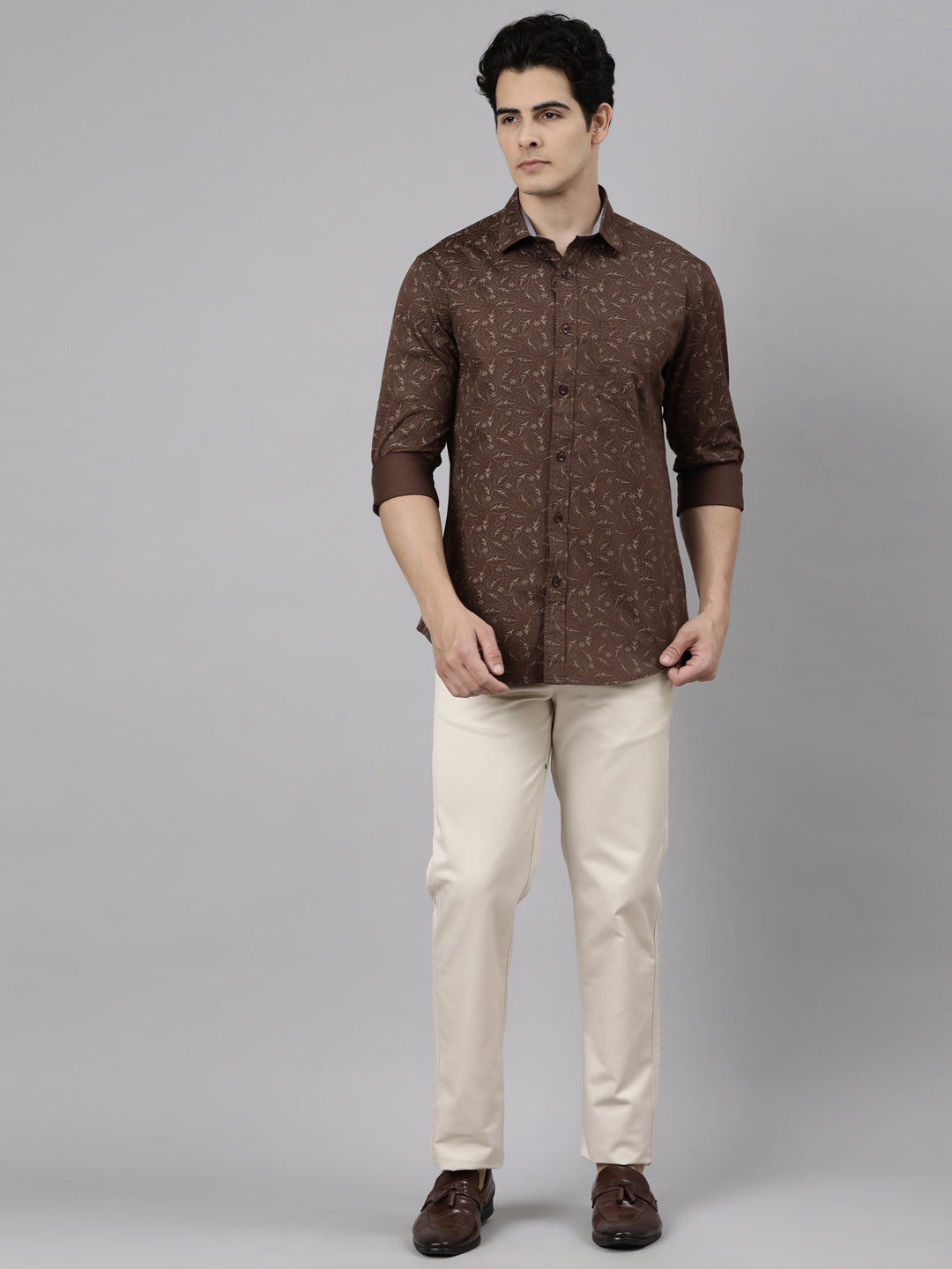 Classic Polo Men's Full Sleeve Brown Polo Neck Slim Fit Printed Cotton Casual Shirt | SR1-CL-27 B-FS-PRT-SF