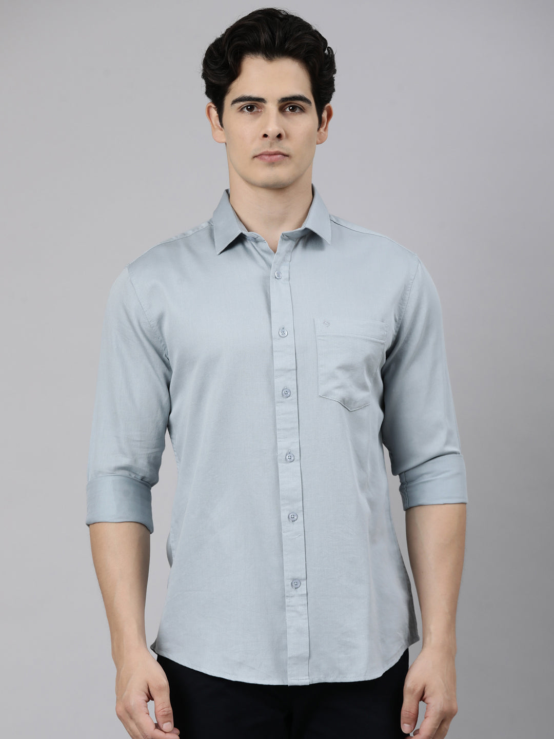 Classic Polo Men's Full Sleeve Grey Polo Neck Slim Fit Solid Cotton Casual Shirt | SR1-EL-15 B-FS-SLD-SF