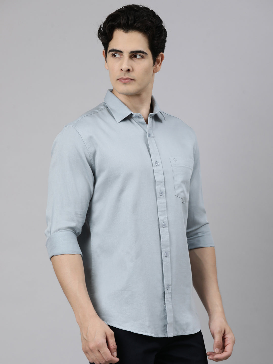 Classic Polo Men's Full Sleeve Grey Polo Neck Slim Fit Solid Cotton Casual Shirt | SR1-EL-15 B-FS-SLD-SF