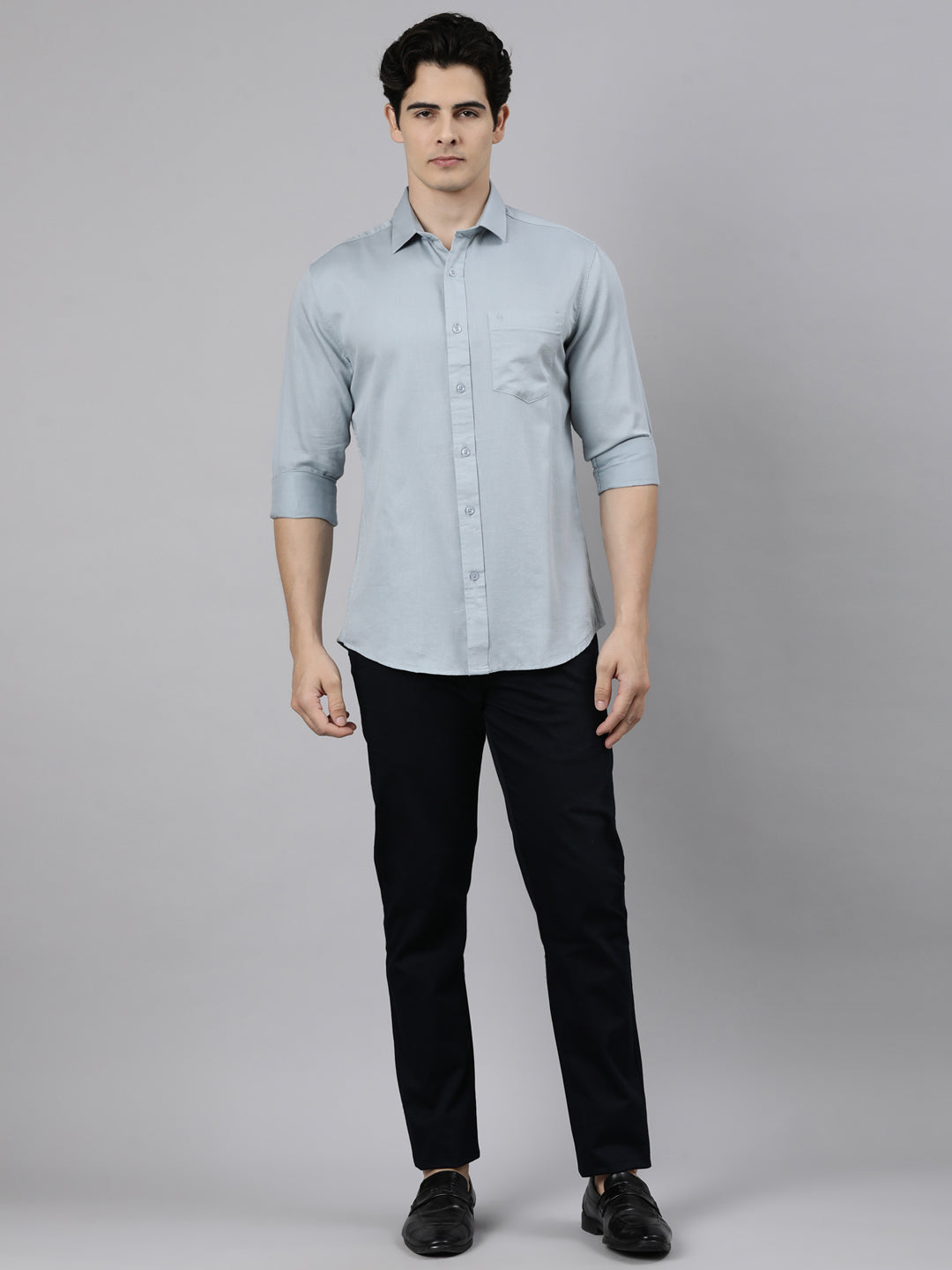 Classic Polo Men's Full Sleeve Grey Polo Neck Slim Fit Solid Cotton Casual Shirt | SR1-EL-15 B-FS-SLD-SF