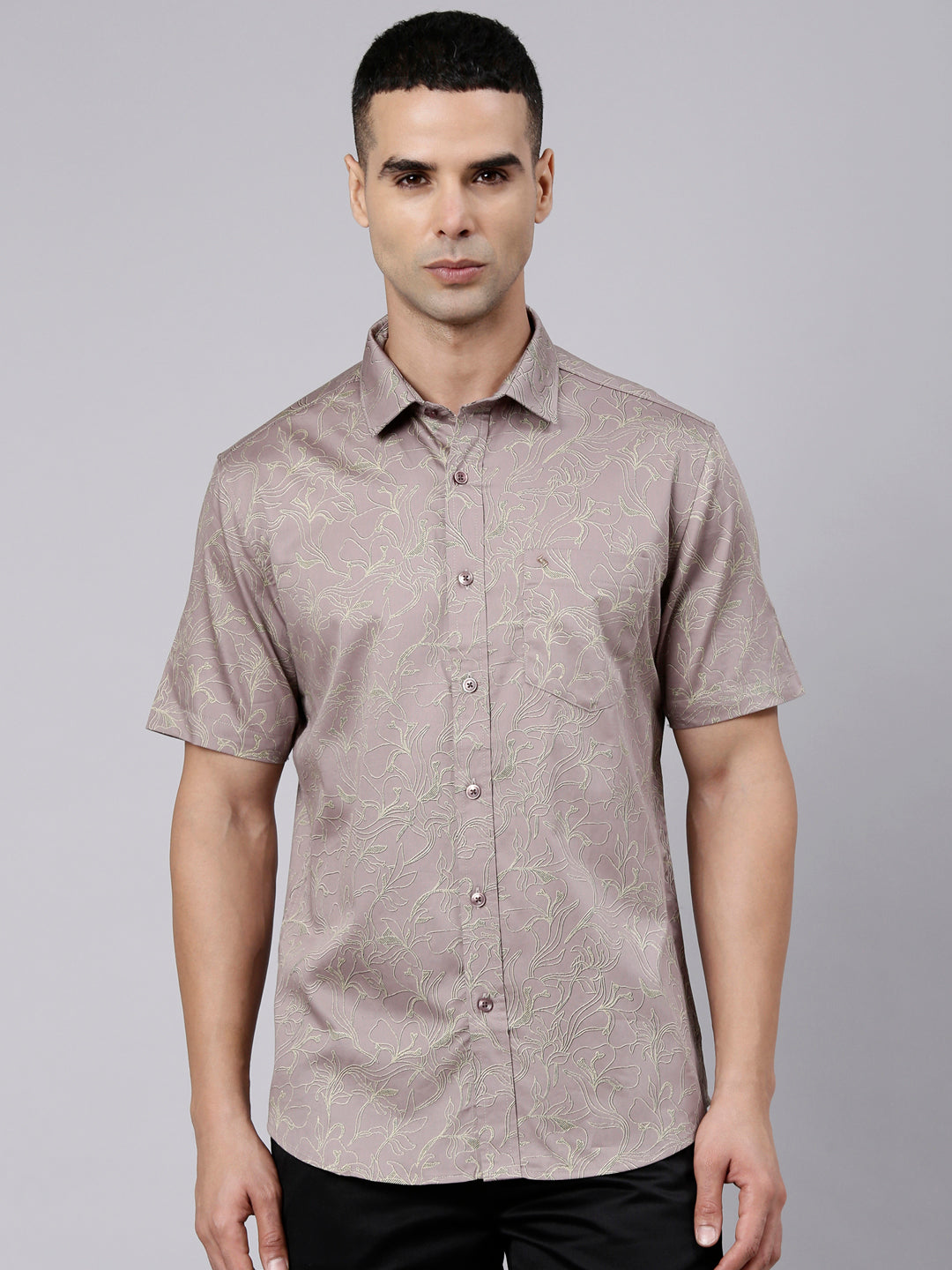 Classic Polo Men's Half Sleeve Taupe Polo Neck Slim Fit Printed Cotton Casual Shirt | SR1-FL-01 A-HS-PRT-SF