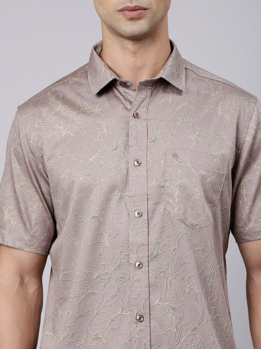 Classic Polo Men's Half Sleeve Taupe Polo Neck Slim Fit Printed Cotton Casual Shirt | SR1-FL-01 A-HS-PRT-SF