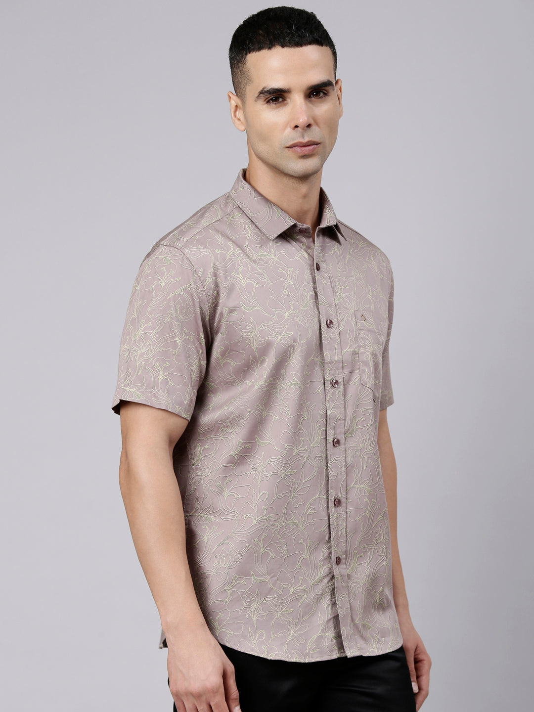 Classic Polo Men's Half Sleeve Taupe Polo Neck Slim Fit Printed Cotton Casual Shirt | SR1-FL-01 A-HS-PRT-SF
