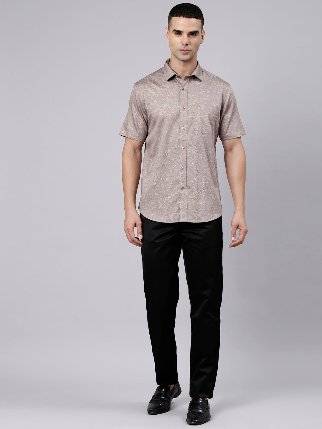 Classic Polo Men's Half Sleeve Taupe Polo Neck Slim Fit Printed Cotton Casual Shirt | SR1-FL-01 A-HS-PRT-SF