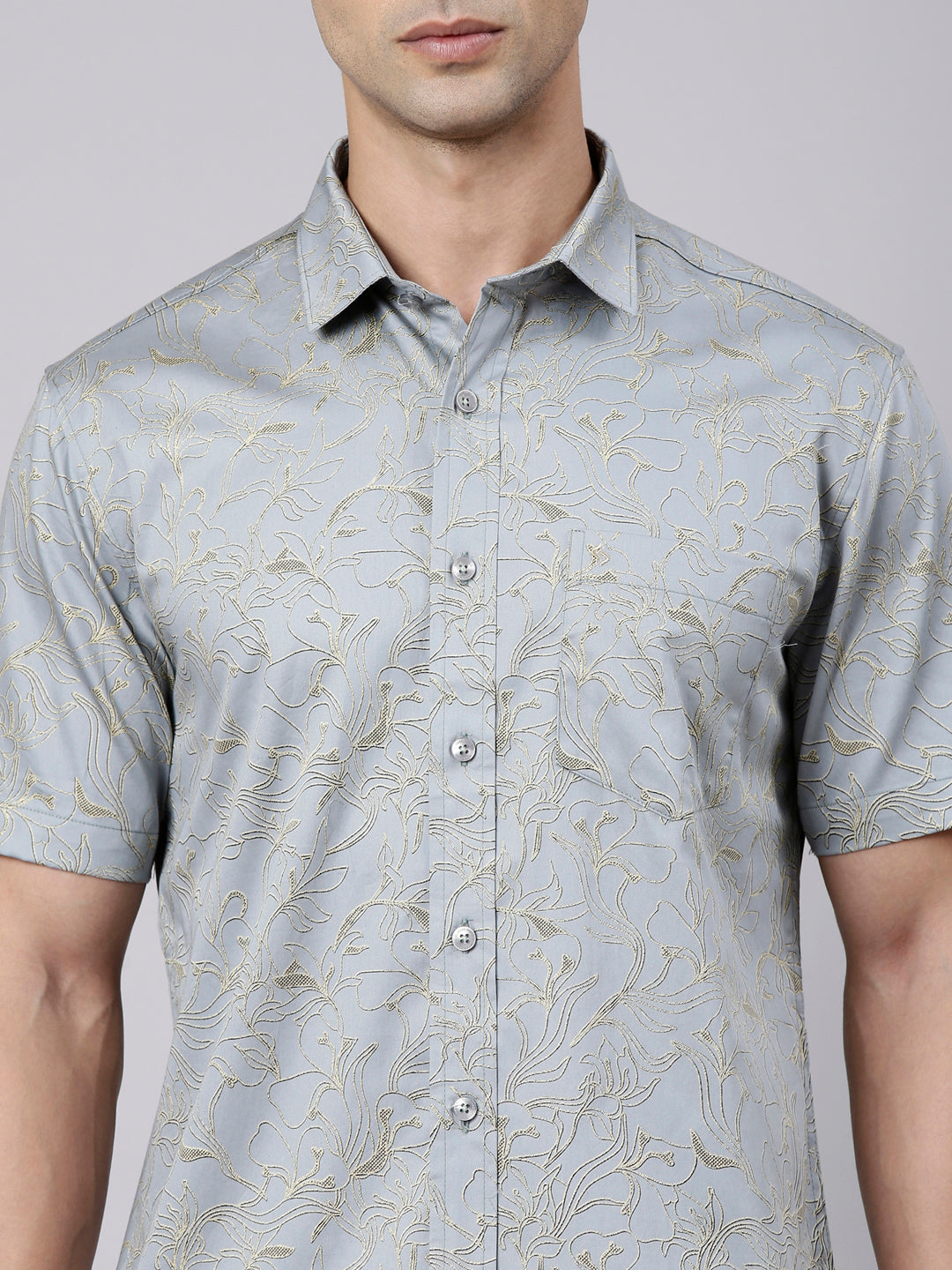 Classic Polo Men's Half Sleeve Steel Grey Polo Neck Slim Fit Printed Cotton Casual Shirt | SR1-FL-01 B-HS-PRT-SF