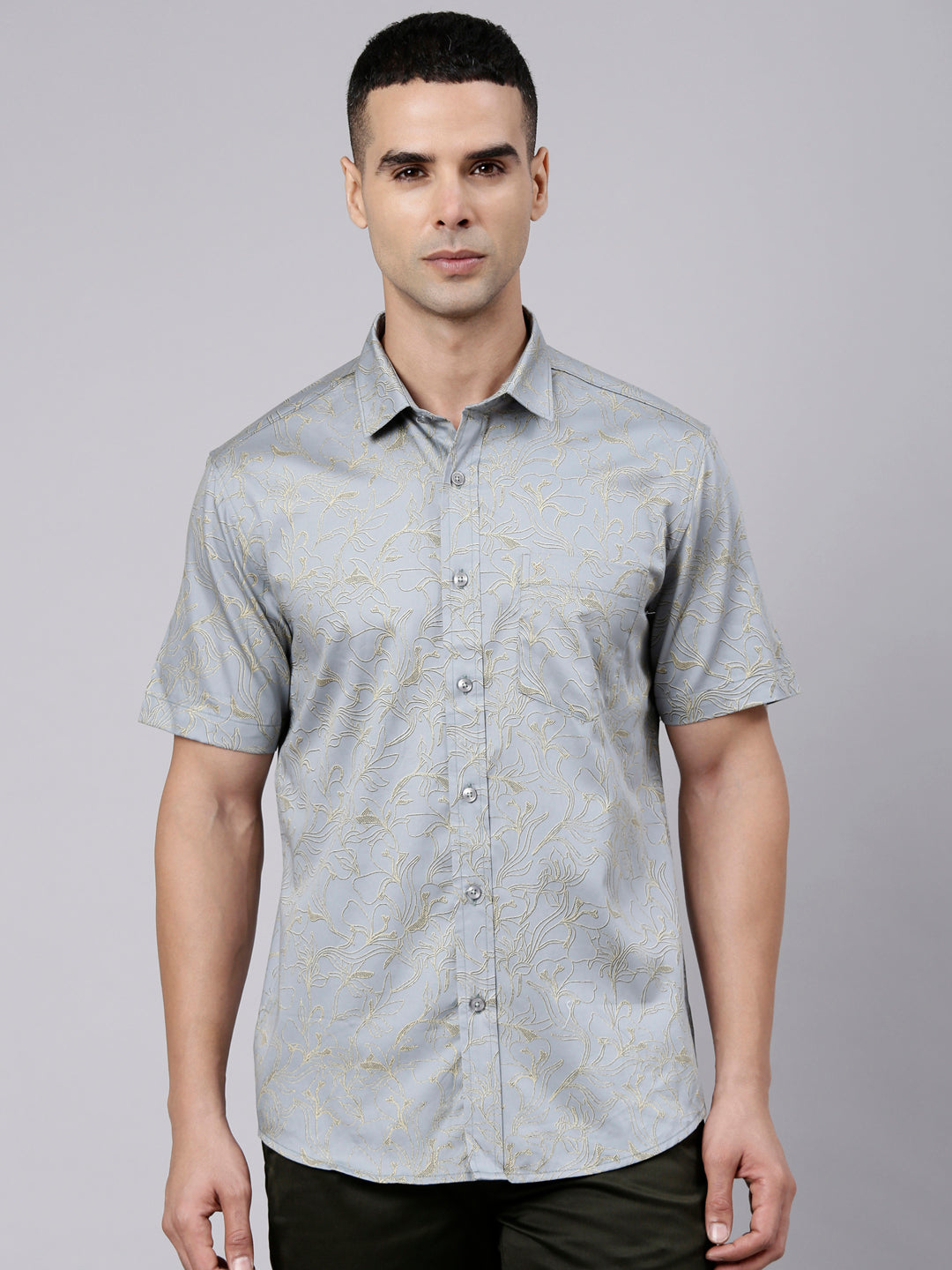 Classic Polo Men's Half Sleeve Steel Grey Polo Neck Slim Fit Printed Cotton Casual Shirt | SR1-FL-01 B-HS-PRT-SF