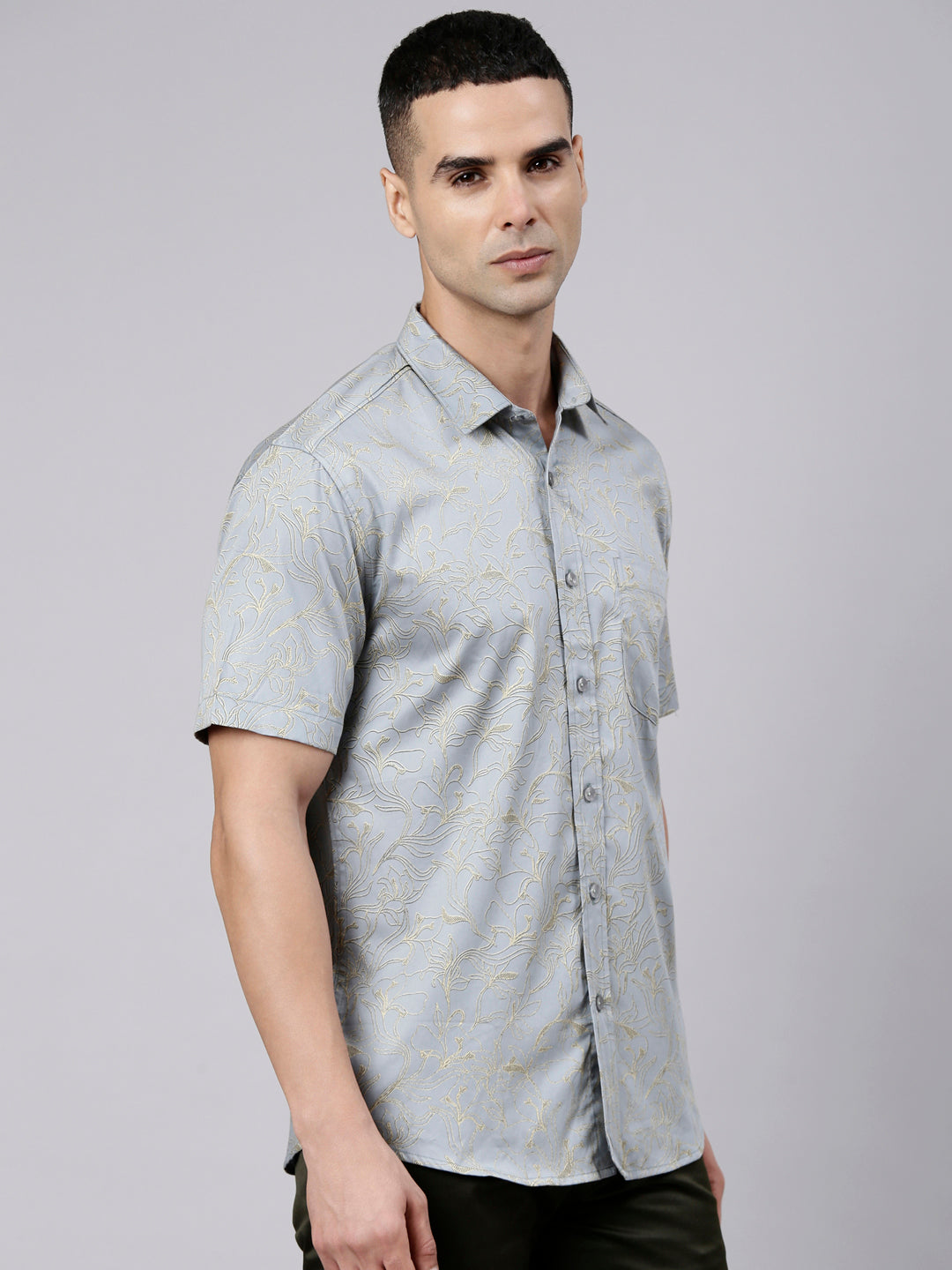 Classic Polo Men's Half Sleeve Steel Grey Polo Neck Slim Fit Printed Cotton Casual Shirt | SR1-FL-01 B-HS-PRT-SF