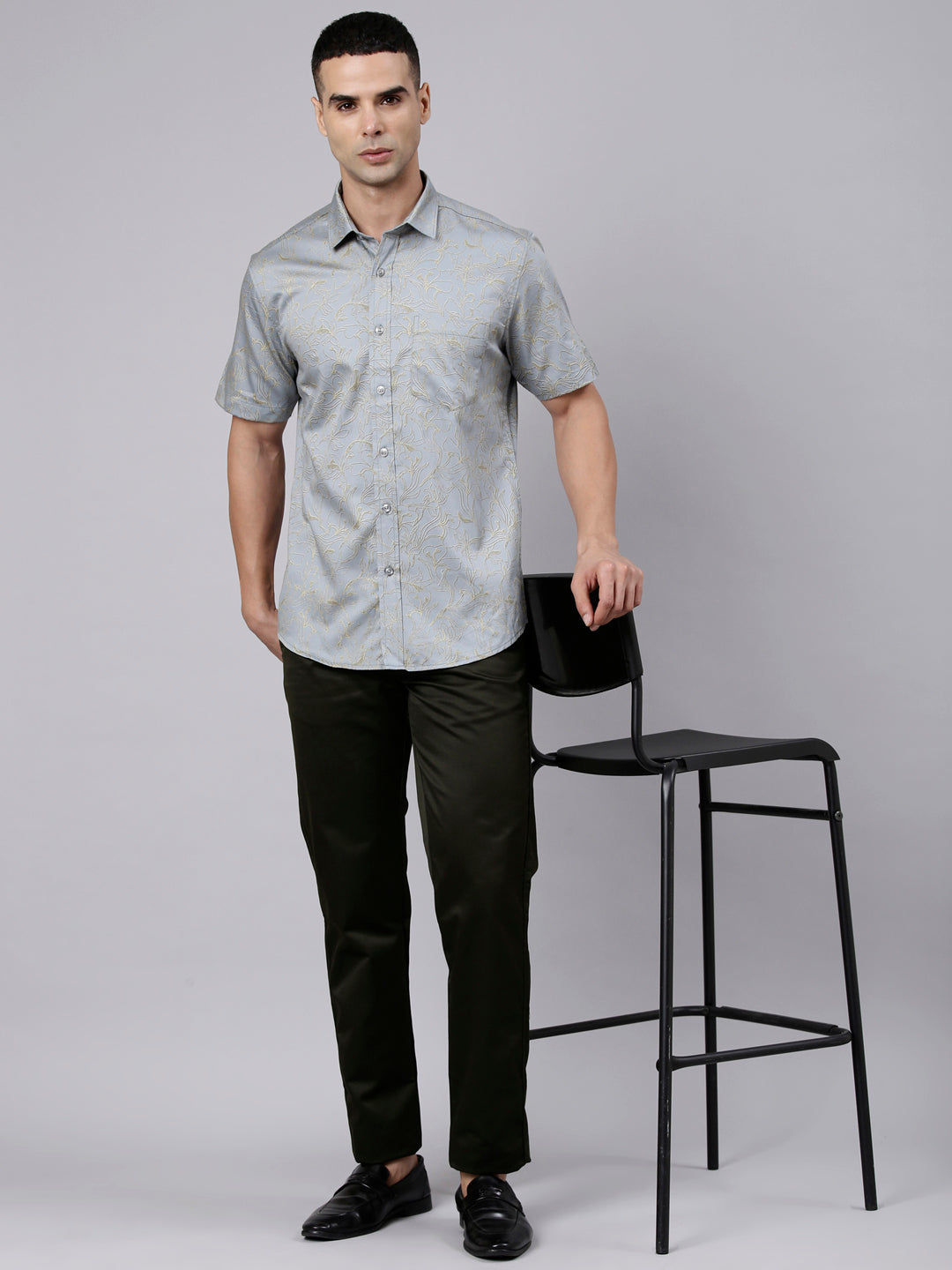 Classic Polo Men's Half Sleeve Steel Grey Polo Neck Slim Fit Printed Cotton Casual Shirt | SR1-FL-01 B-HS-PRT-SF