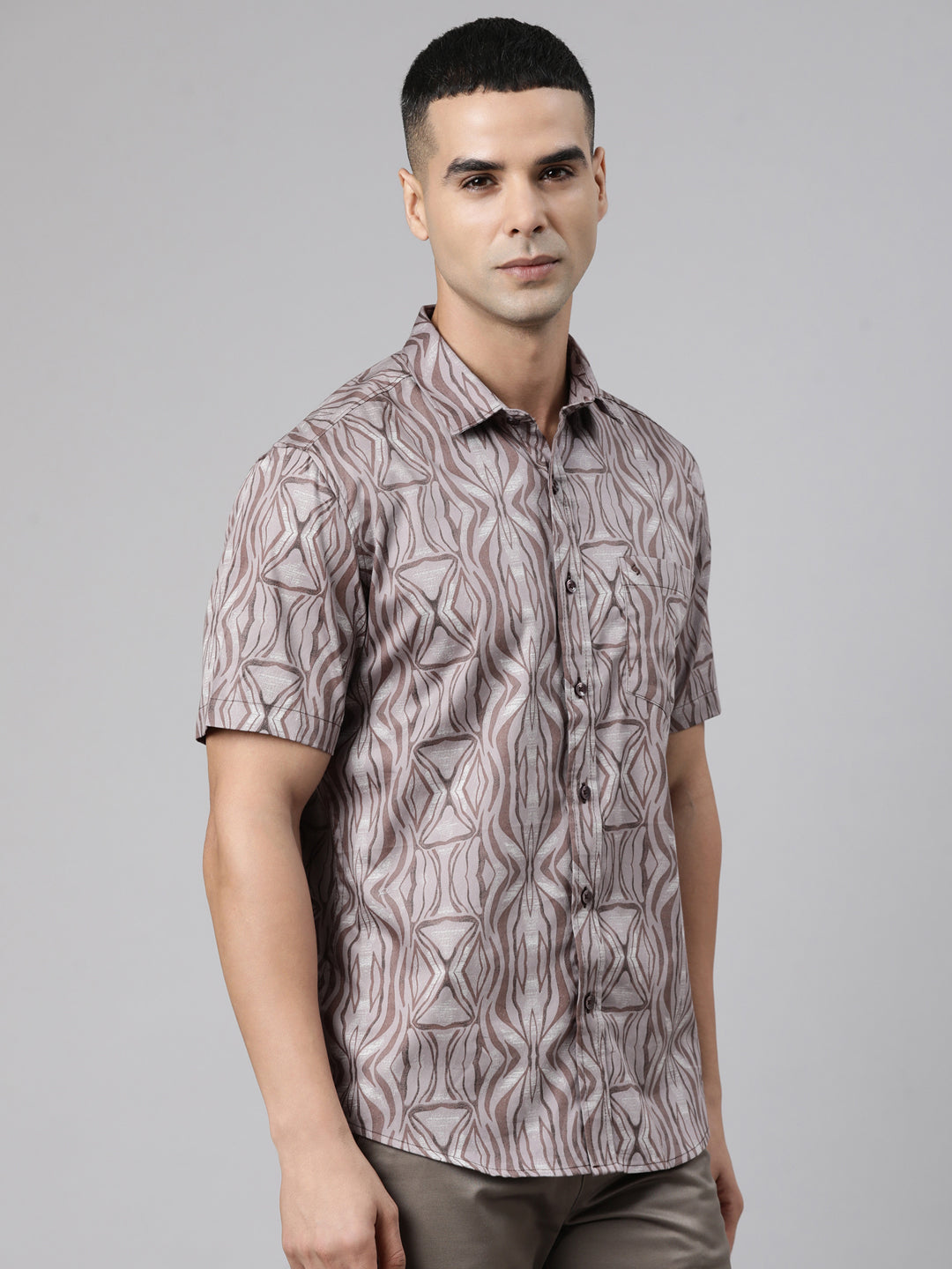 Classic Polo Men's Half Sleeve Taupe Polo Neck Slim Fit Printed Cotton Casual Shirt | SR1-FL-02 A-HS-PRT-SF