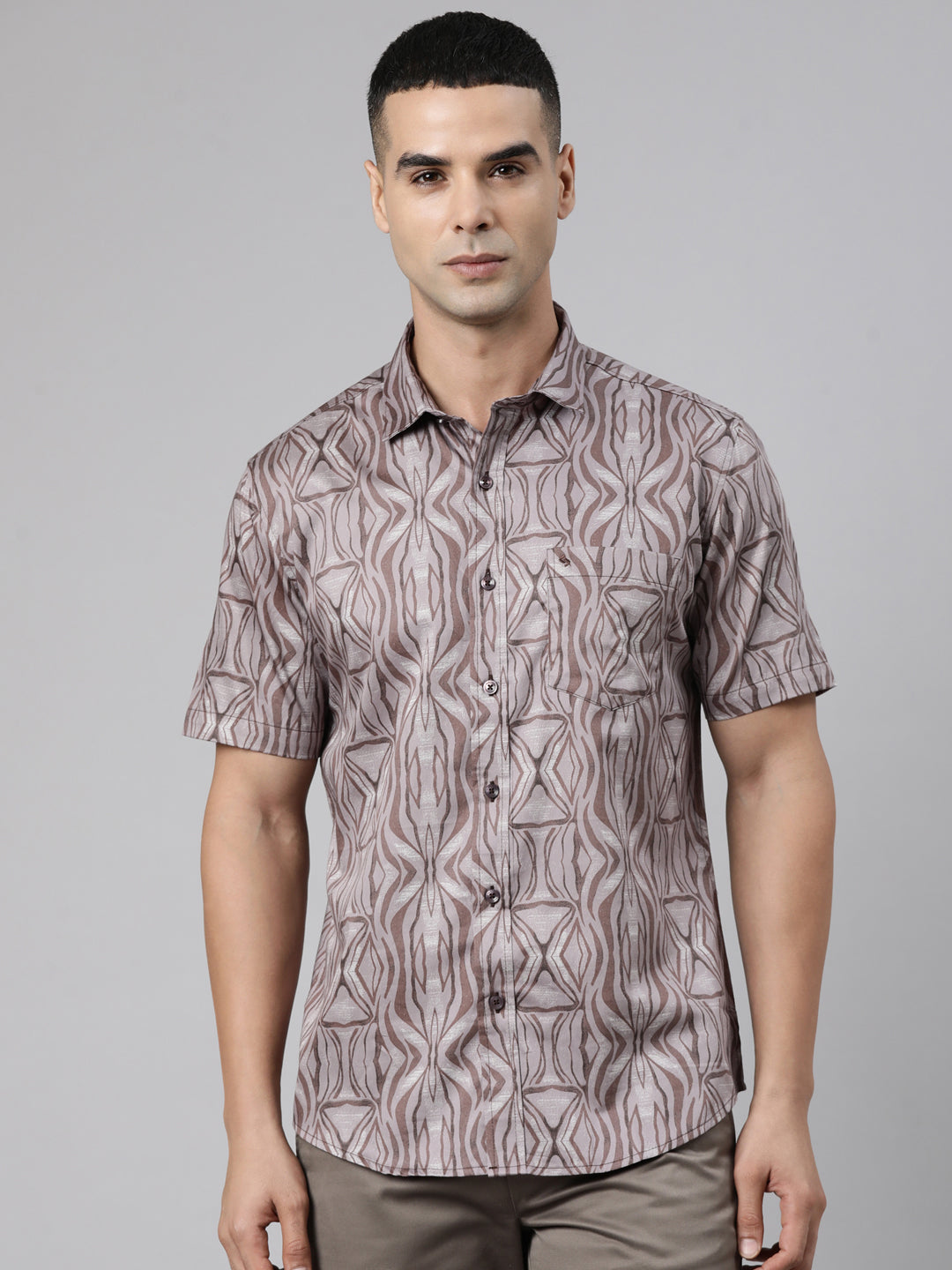 Classic Polo Men's Half Sleeve Taupe Polo Neck Slim Fit Printed Cotton Casual Shirt | SR1-FL-02 A-HS-PRT-SF
