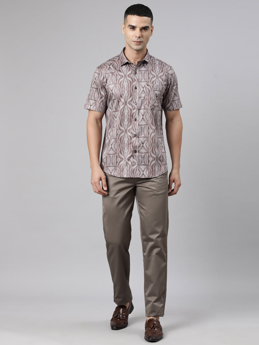Classic Polo Men's Half Sleeve Taupe Polo Neck Slim Fit Printed Cotton Casual Shirt | SR1-FL-02 A-HS-PRT-SF