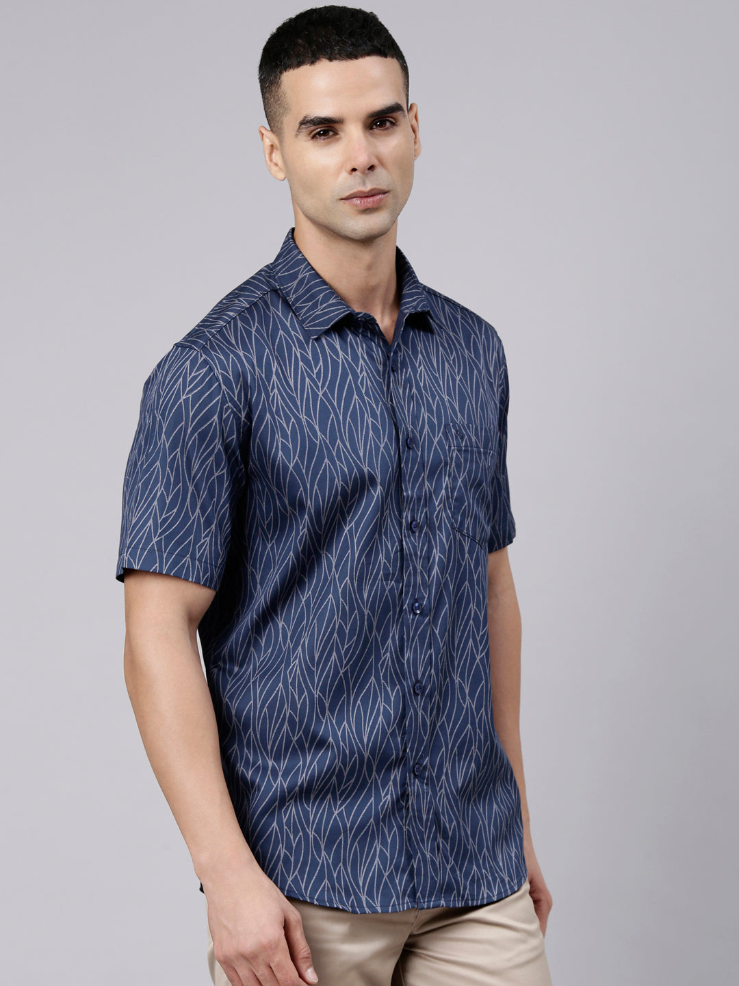 Classic Polo Men's Half Sleeve Navy Blue Polo Neck Slim Fit Printed Cotton Casual Shirt | SR1-FL-04 B-HS-PRT-SF