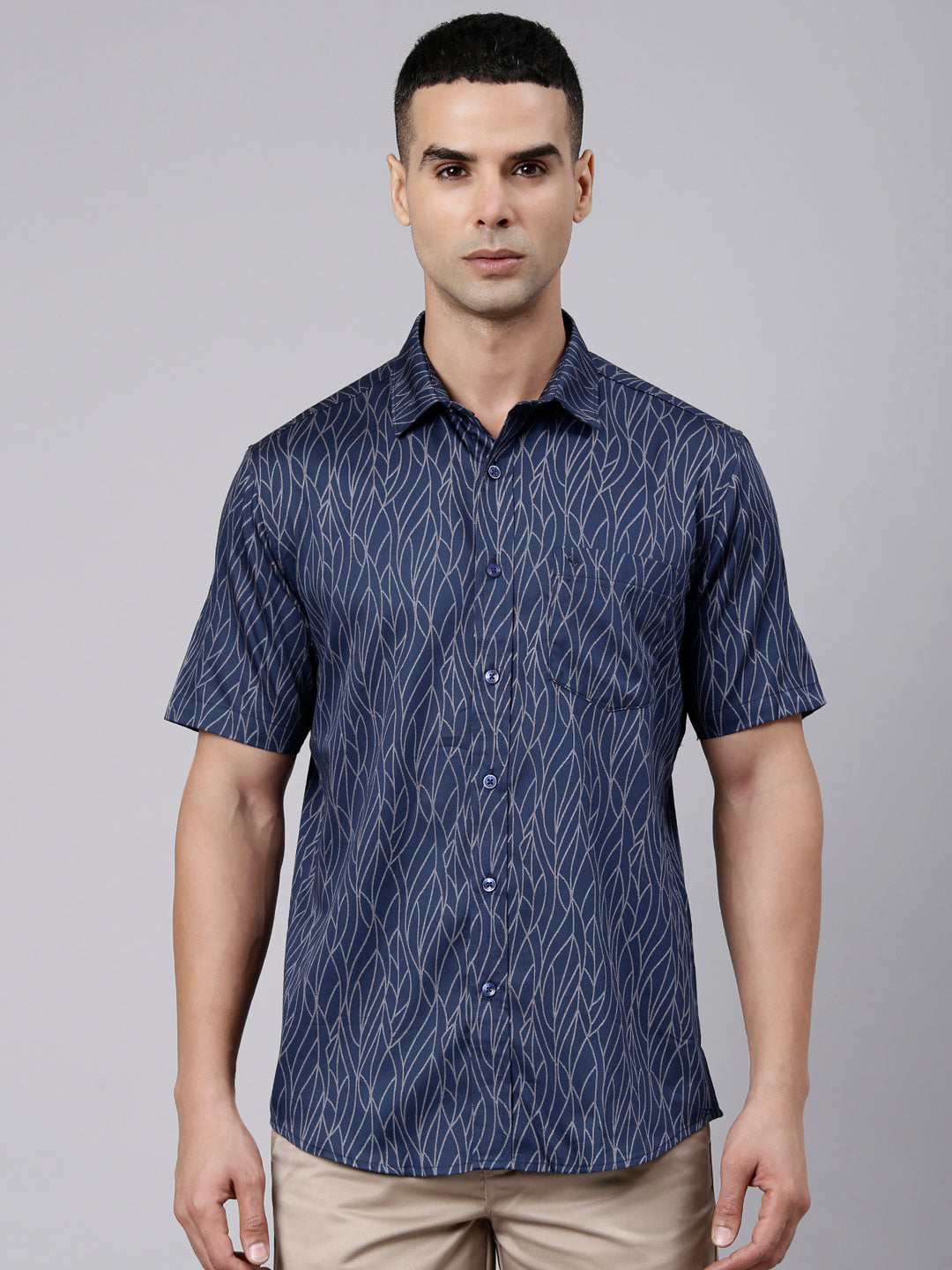Classic Polo Men's Half Sleeve Navy Blue Polo Neck Slim Fit Printed Cotton Casual Shirt | SR1-FL-04 B-HS-PRT-SF