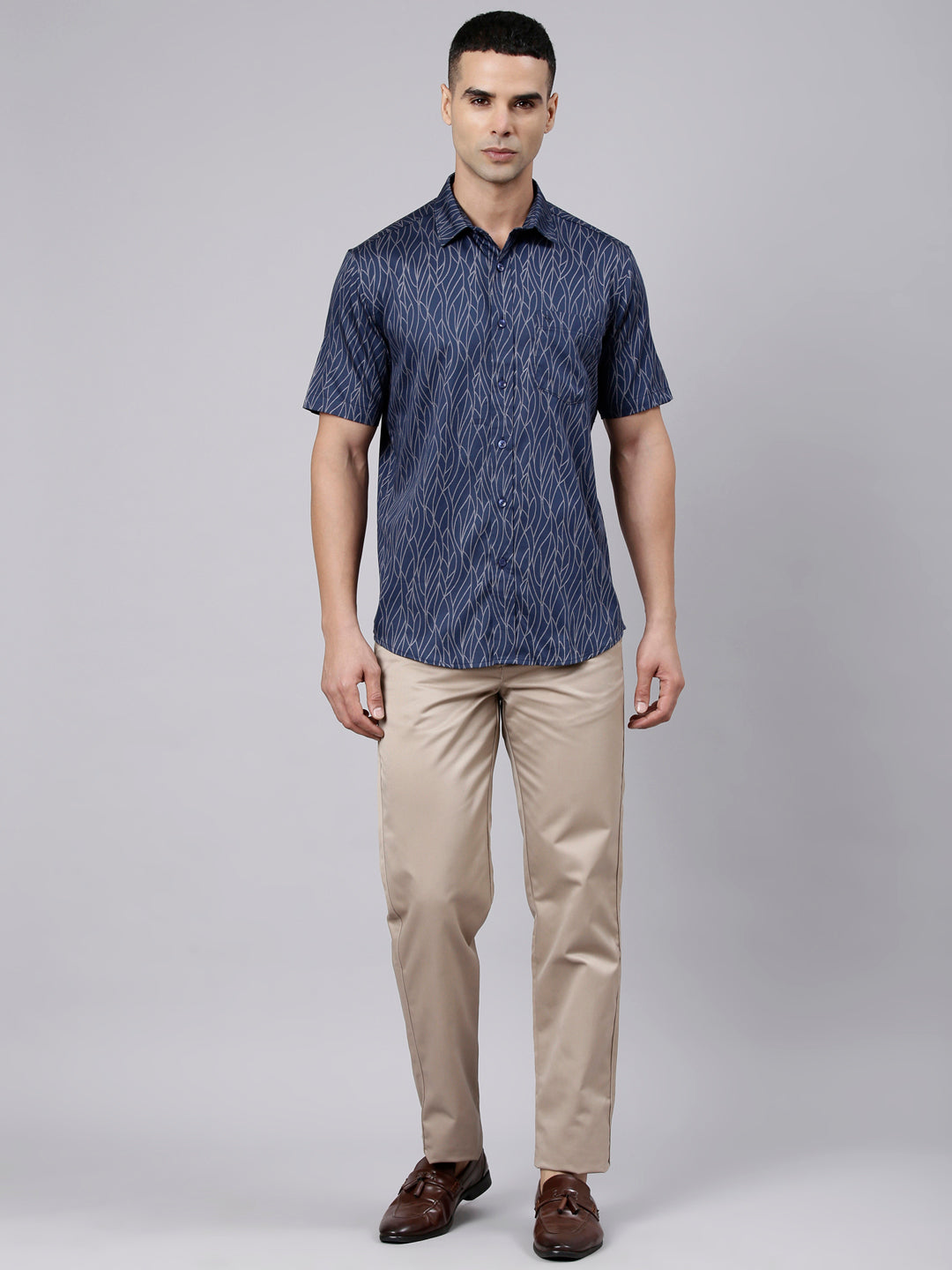 Classic Polo Men's Half Sleeve Navy Blue Polo Neck Slim Fit Printed Cotton Casual Shirt | SR1-FL-04 B-HS-PRT-SF