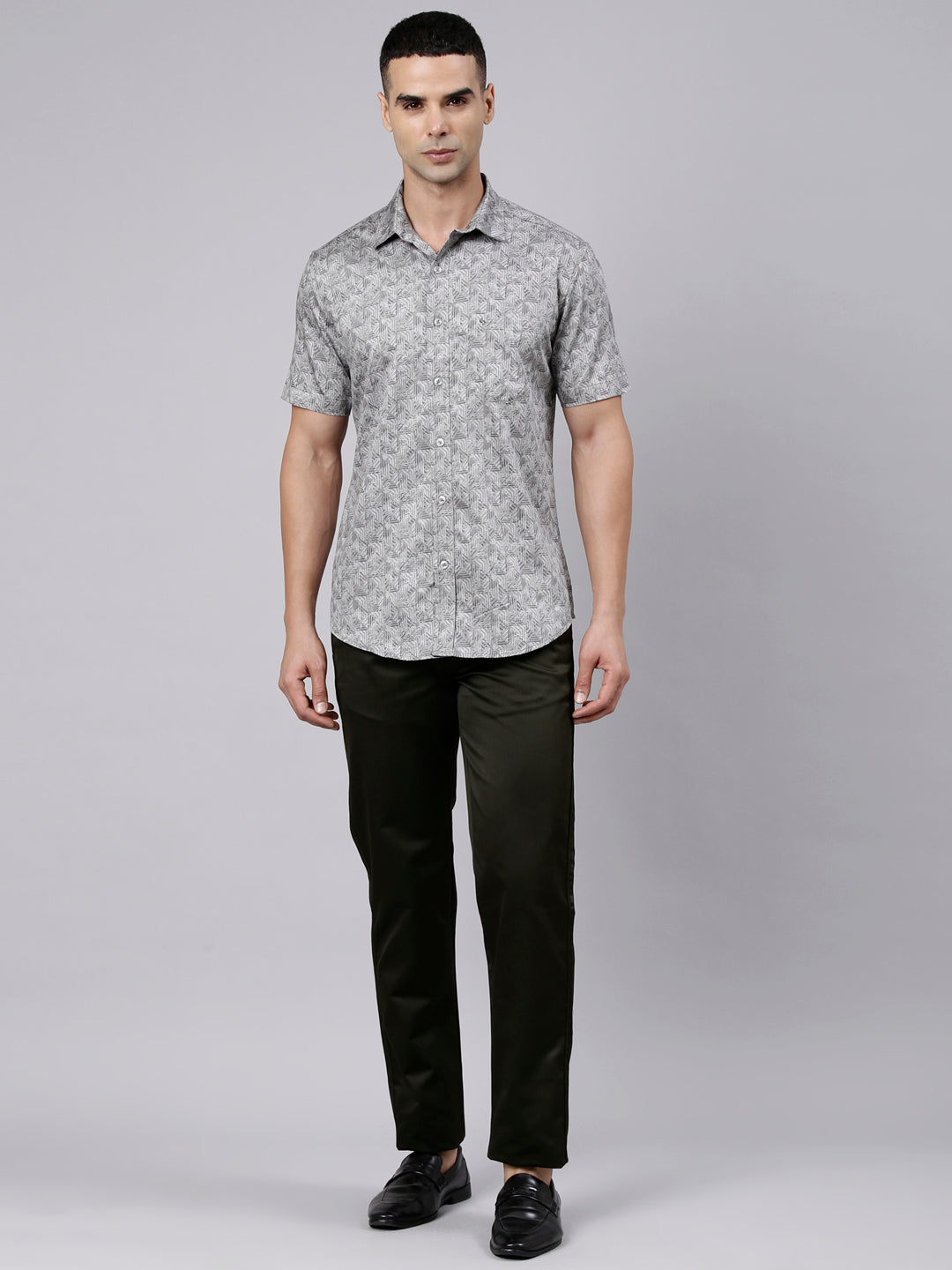Classic Polo Men's Half Sleeve Dark Grey Polo Neck Slim Fit Printed Cotton Casual Shirt | SR1-FL-05 A-HS-PRT-SF
