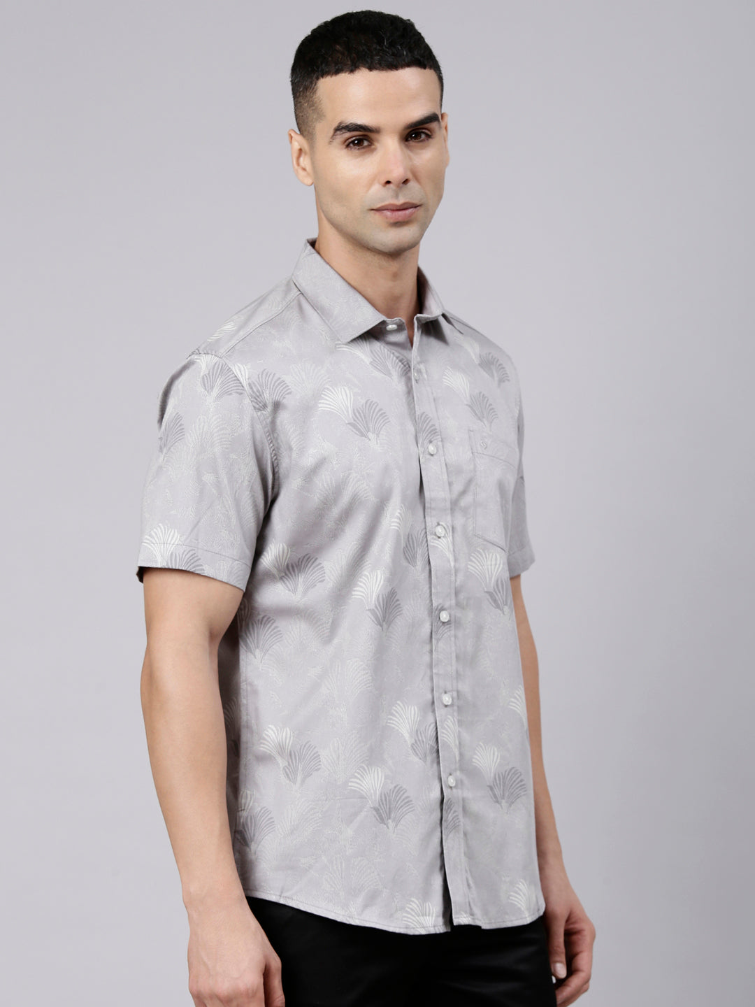 Classic Polo Men's Half Sleeve Grey Polo Neck Slim Fit Printed Cotton Casual Shirt | SR1-FL-07 B-HS-PRT-SF