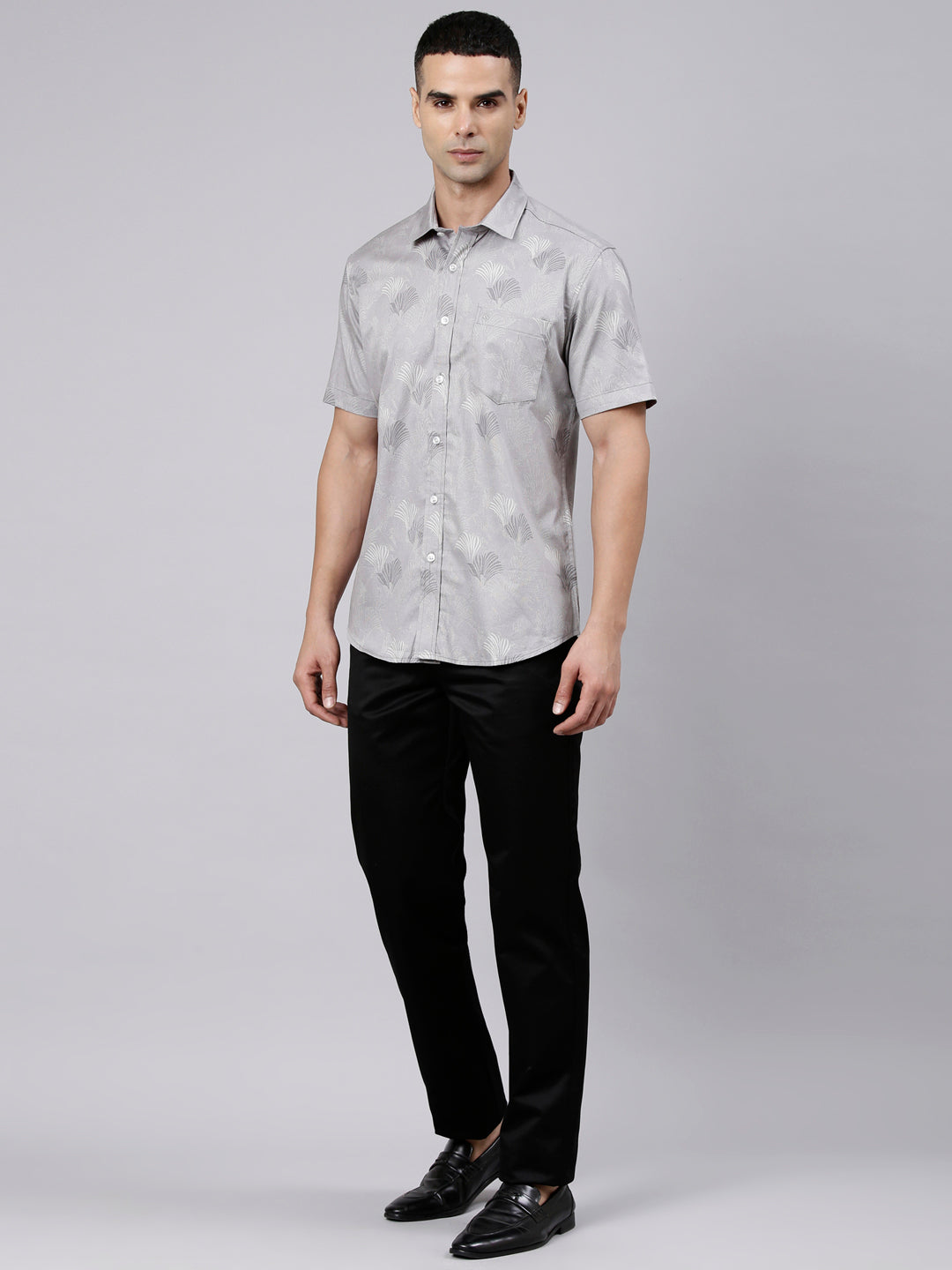 Classic Polo Men's Half Sleeve Grey Polo Neck Slim Fit Printed Cotton Casual Shirt | SR1-FL-07 B-HS-PRT-SF