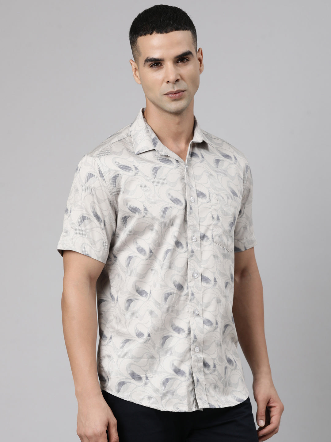 Classic Polo Men's Half Sleeve Light Beige Polo Neck Slim Fit Printed Cotton Casual Shirt | SR1-FL-08 A-HS-PRT-SF