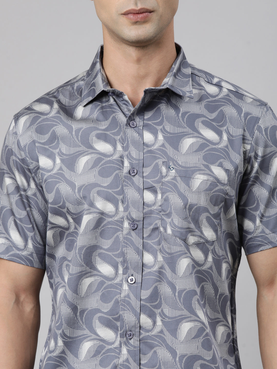 Classic Polo Men's Half Sleeve Slate Blue Polo Neck Slim Fit Printed Cotton Casual Shirt | SR1-FL-08 B-HS-PRT-SF