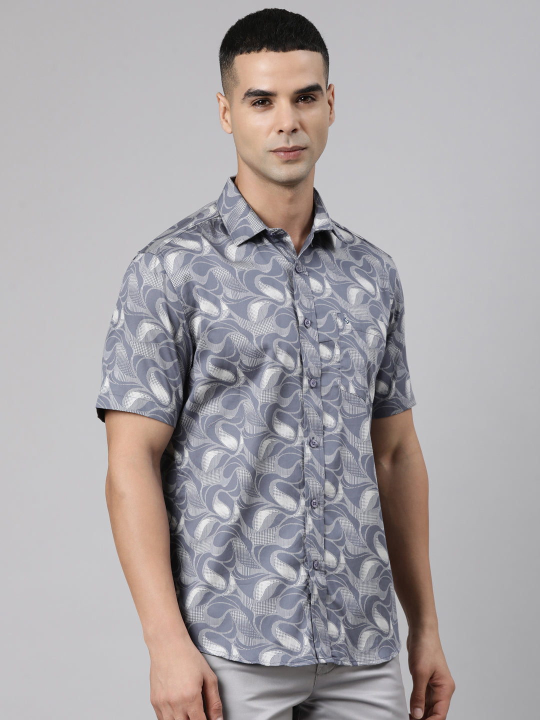 Classic Polo Men's Half Sleeve Slate Blue Polo Neck Slim Fit Printed Cotton Casual Shirt | SR1-FL-08 B-HS-PRT-SF