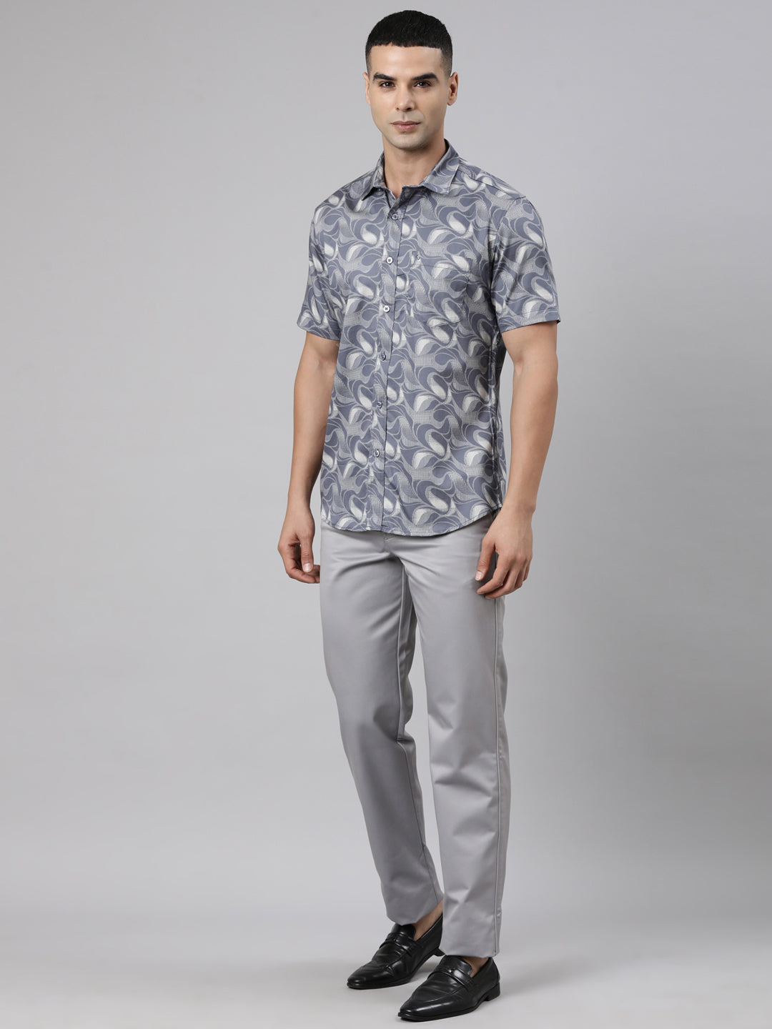 Classic Polo Men's Half Sleeve Slate Blue Polo Neck Slim Fit Printed Cotton Casual Shirt | SR1-FL-08 B-HS-PRT-SF