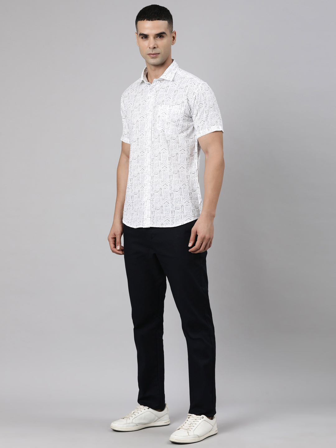 Classic Polo Men's Half Sleeve White Polo Neck Slim Fit Printed Cotton Casual Shirt | SR1-GN-06 A-HS-PRT-SF
