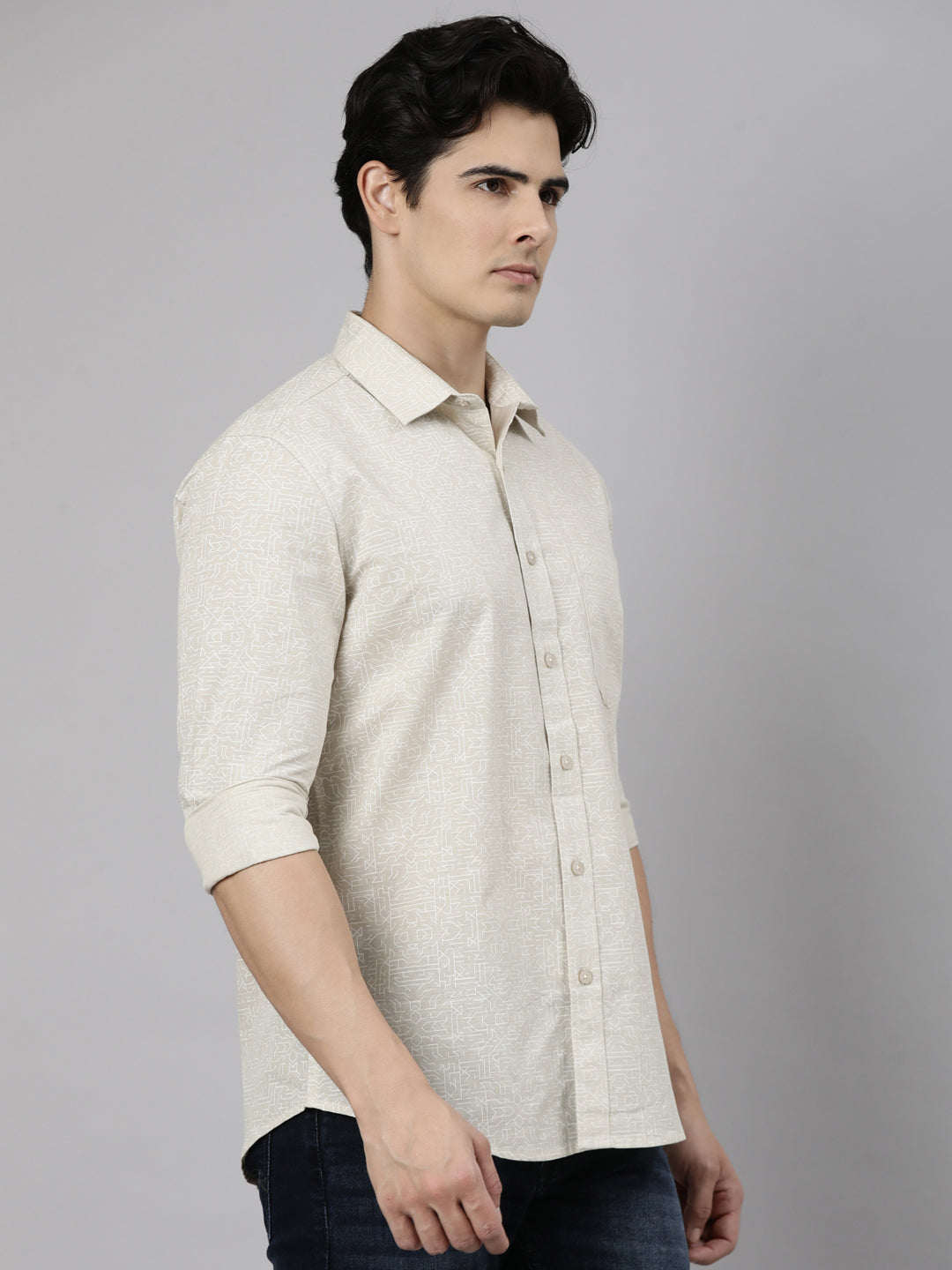 Classic Polo Men's Full Sleeve Cream Polo Neck Slim Fit Printed Cotton Casual Shirt | SS1-CL-53 A-FS-PRT-SF