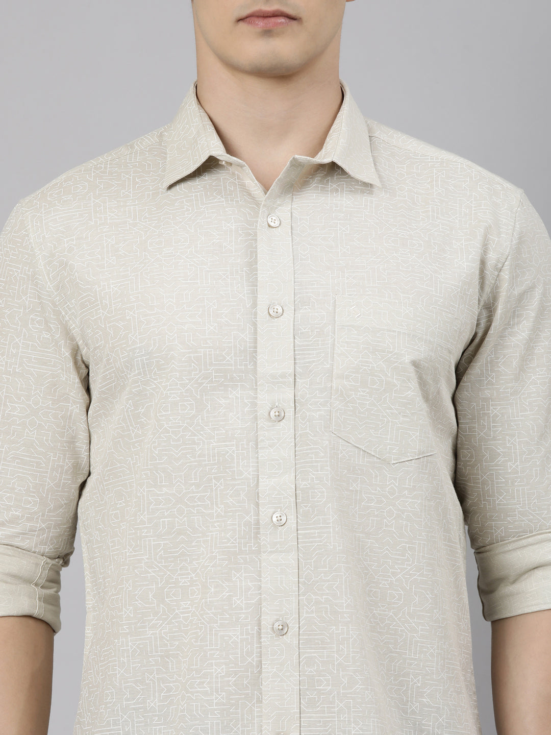 Classic Polo Men's Full Sleeve Cream Polo Neck Slim Fit Printed Cotton Casual Shirt | SS1-CL-53 A-FS-PRT-SF