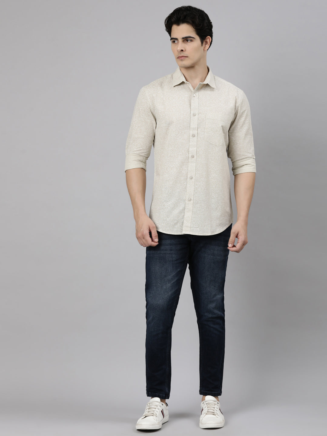 Classic Polo Men's Full Sleeve Cream Polo Neck Slim Fit Printed Cotton Casual Shirt | SS1-CL-53 A-FS-PRT-SF