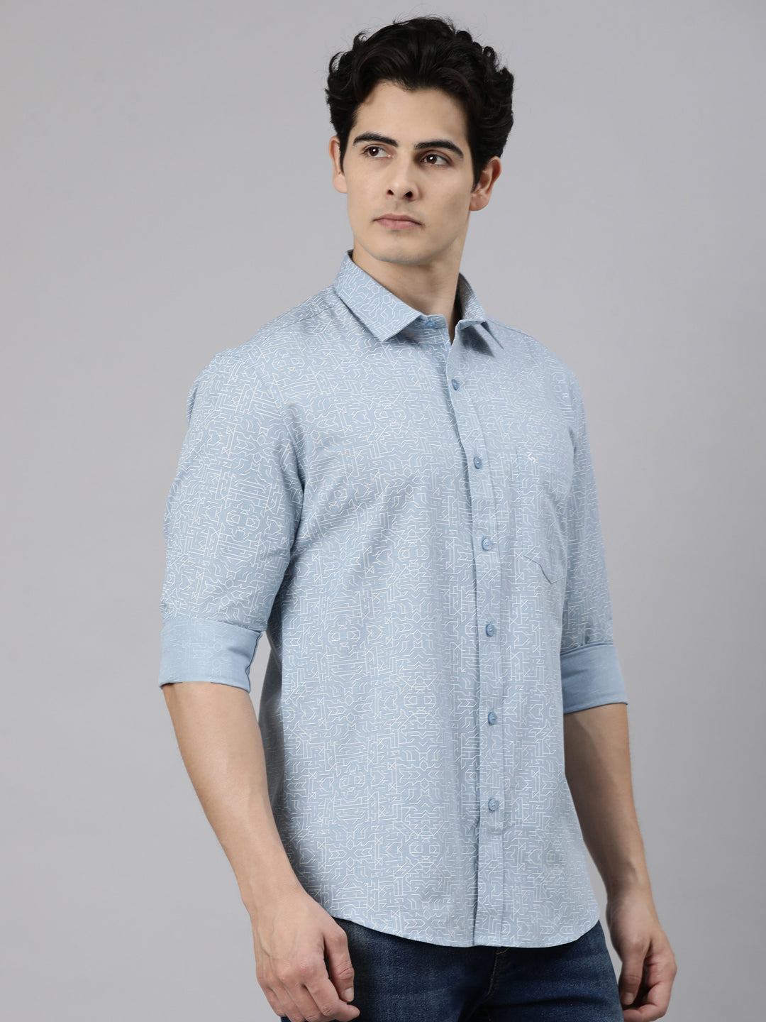 Classic Polo Men's Full Sleeve Blue Polo Neck Slim Fit Printed Cotton Casual Shirt | SS1-CL-53 B-FS-PRT-SF