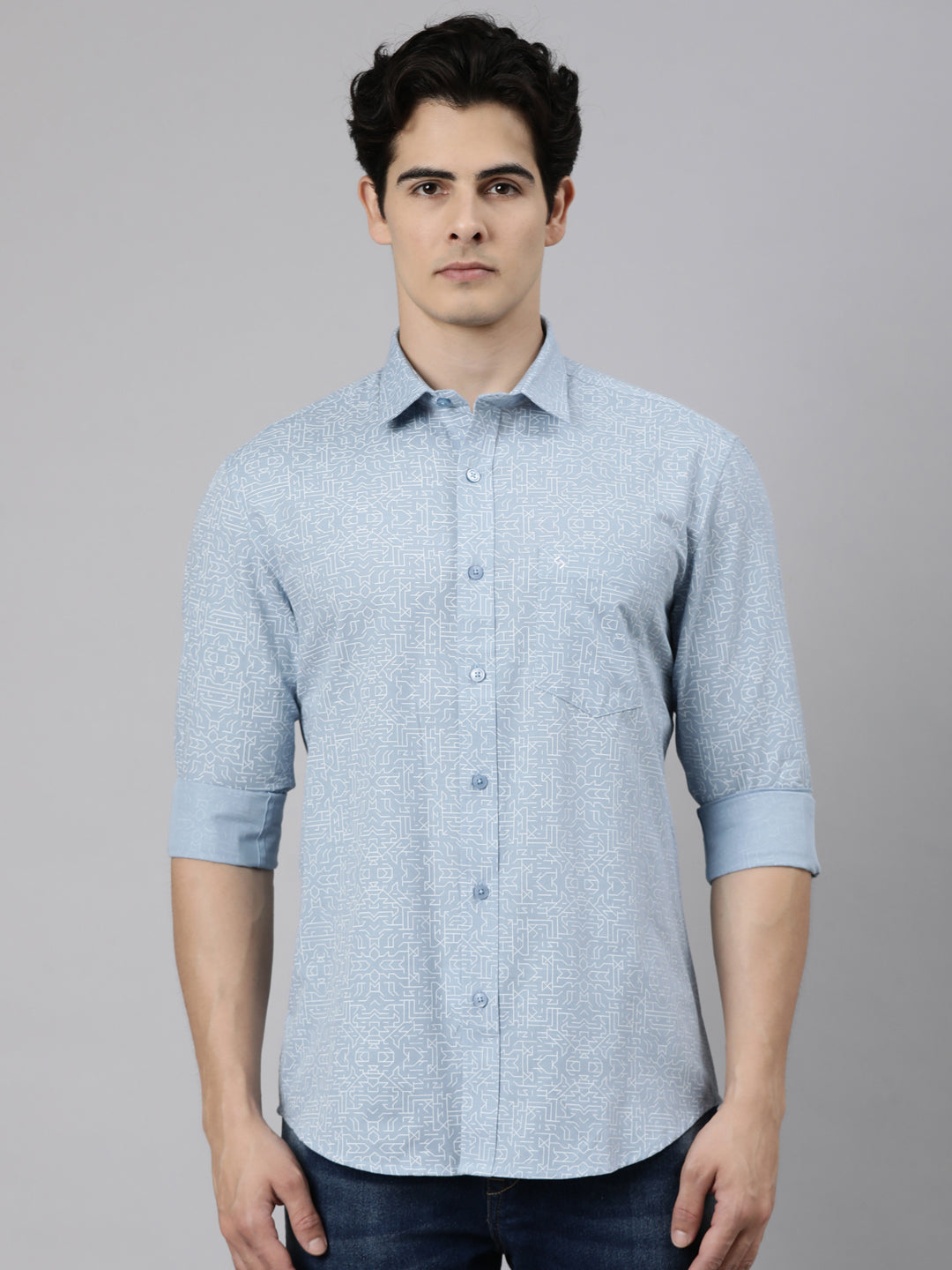Classic Polo Men's Full Sleeve Blue Polo Neck Slim Fit Printed Cotton Casual Shirt | SS1-CL-53 B-FS-PRT-SF