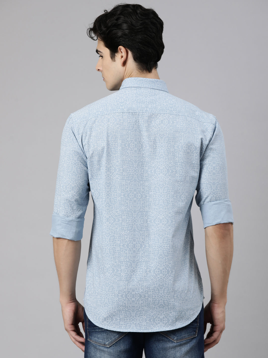 Classic Polo Men's Full Sleeve Blue Polo Neck Slim Fit Printed Cotton Casual Shirt | SS1-CL-53 B-FS-PRT-SF
