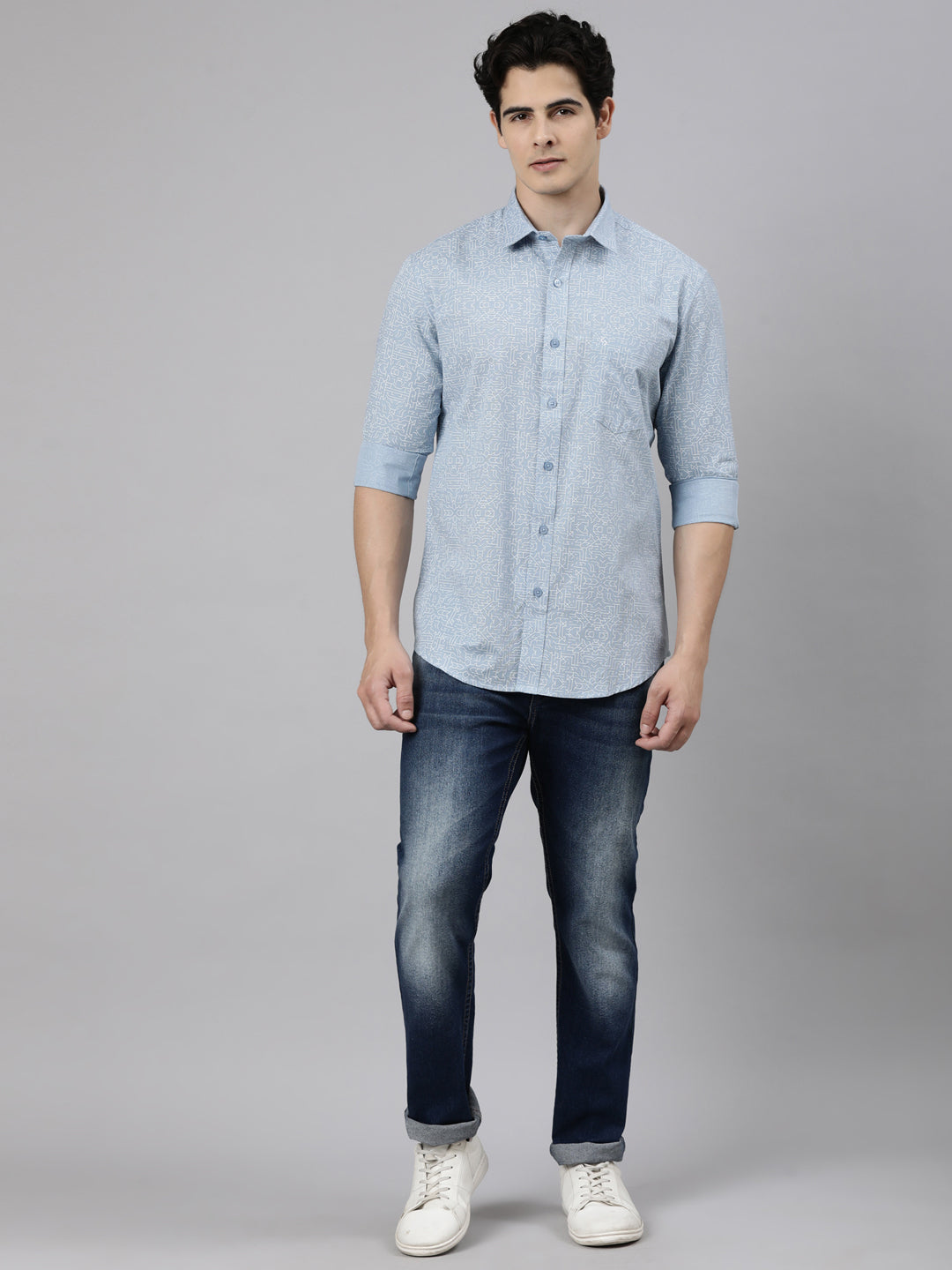 Classic Polo Men's Full Sleeve Blue Polo Neck Slim Fit Printed Cotton Casual Shirt | SS1-CL-53 B-FS-PRT-SF