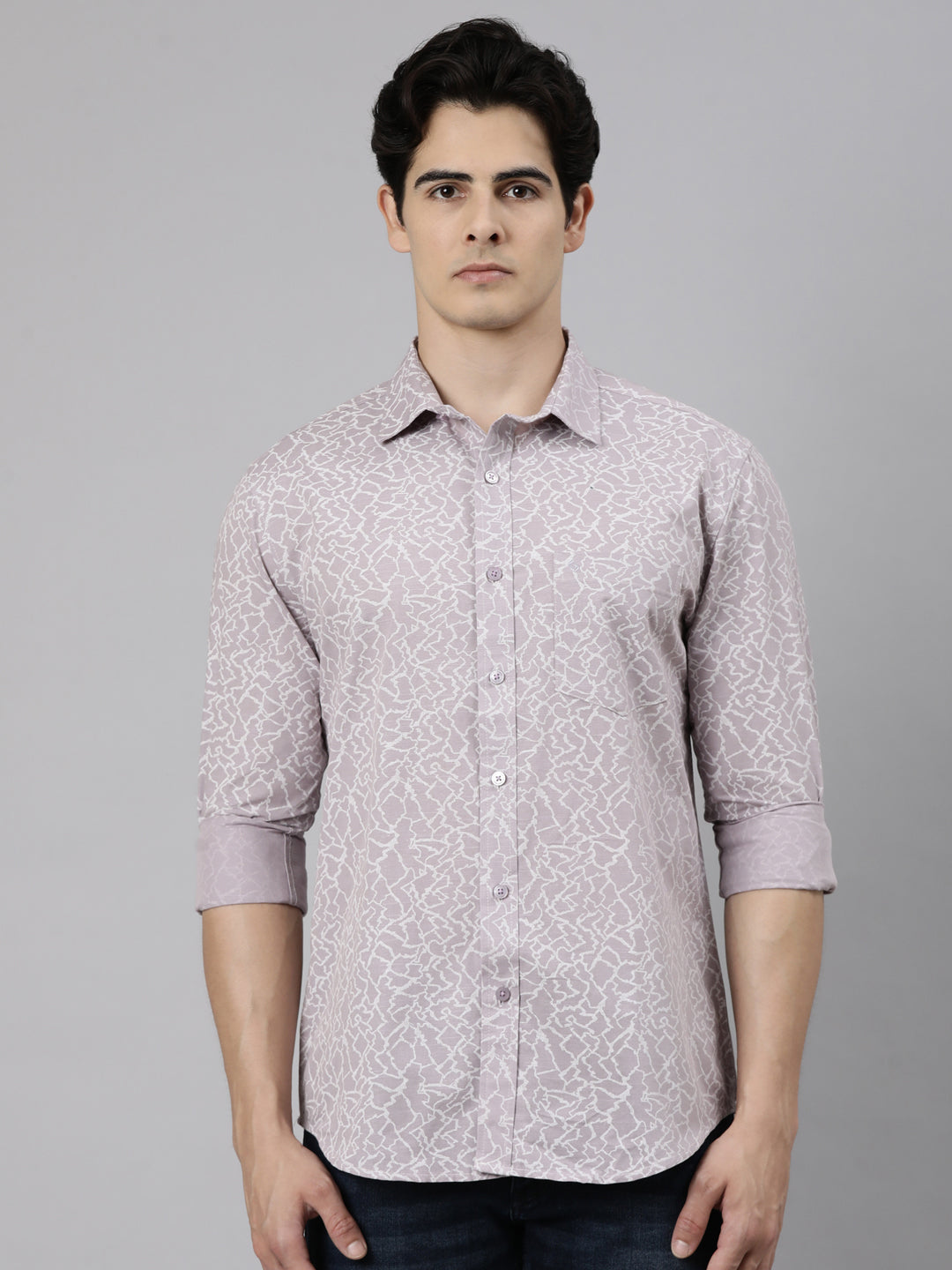 Classic Polo Men's Full Sleeve Mauve Polo Neck Slim Fit Printed Cotton Casual Shirt | SS1-CL-82 A-FS-PRT-SF
