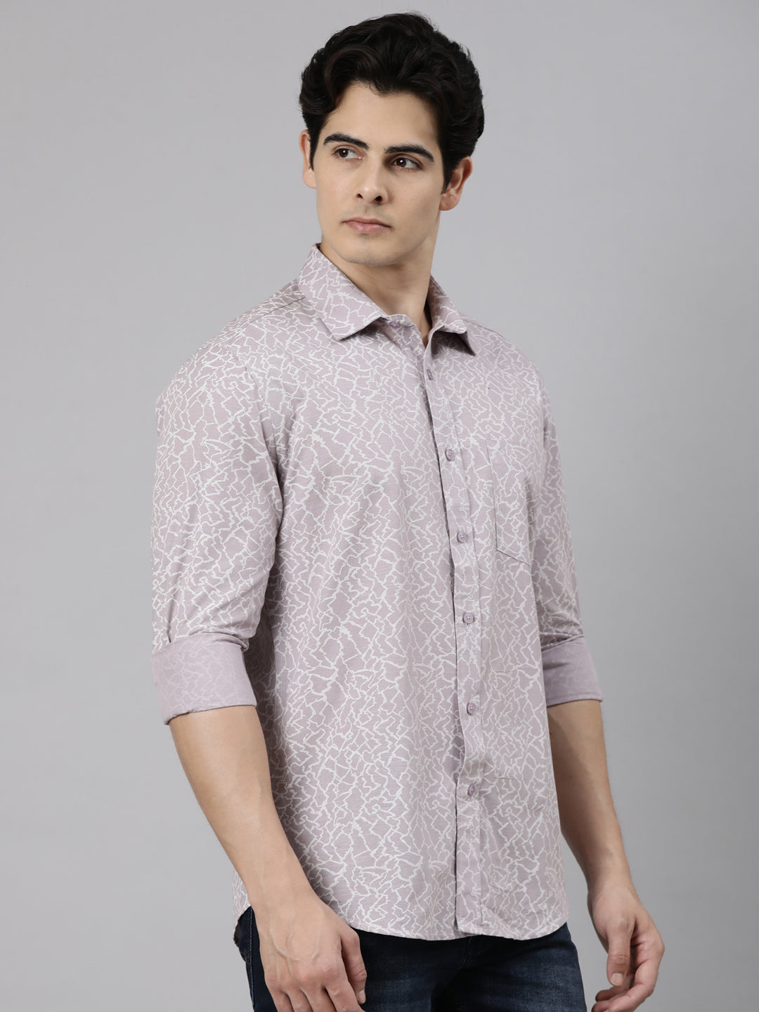 Classic Polo Men's Full Sleeve Mauve Polo Neck Slim Fit Printed Cotton Casual Shirt | SS1-CL-82 A-FS-PRT-SF