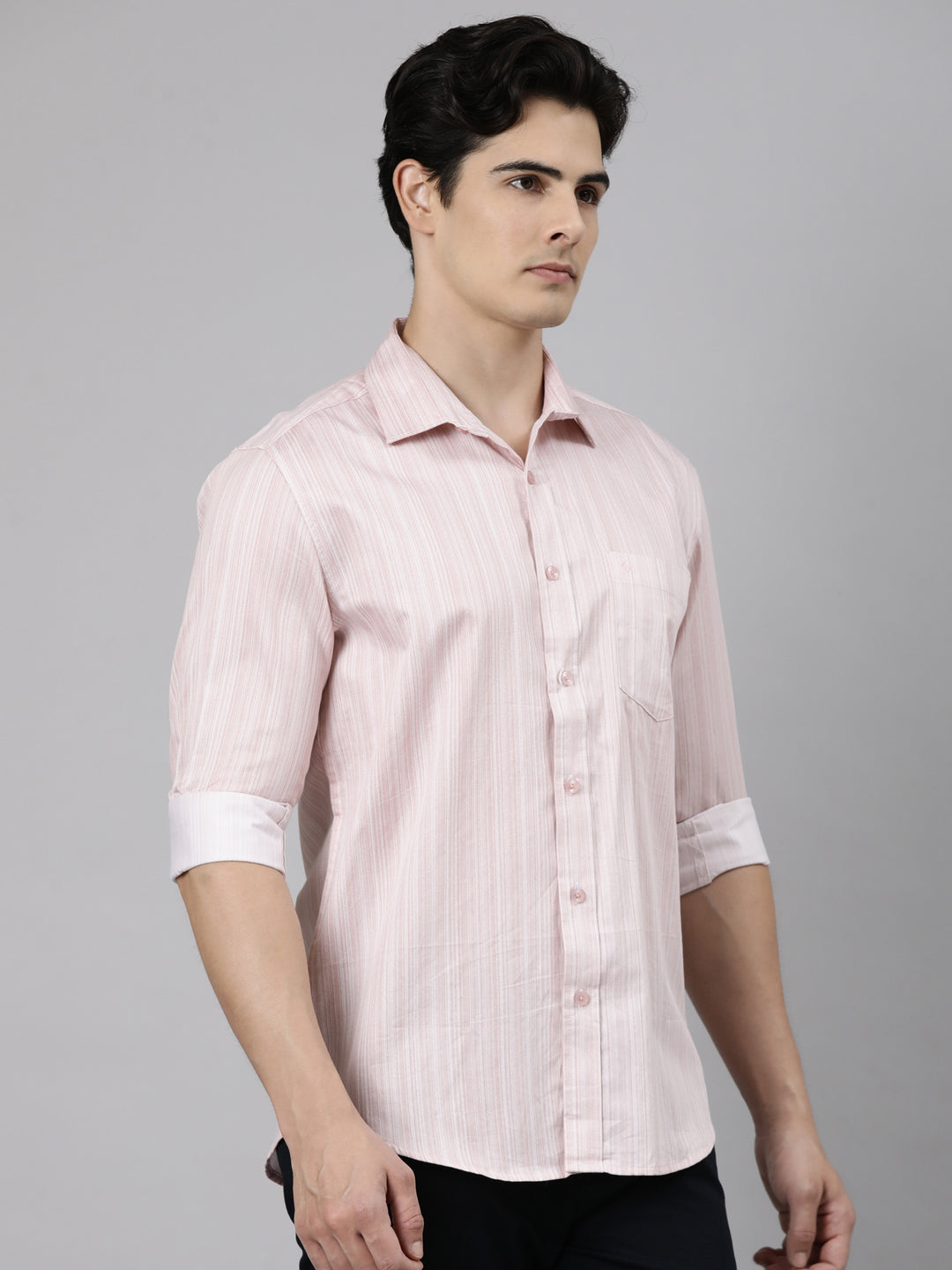 Classic Polo Men's Full Sleeve Light Pink Polo Neck Slim Fit Striped Cotton Casual Shirt | SS1-EL-11 A-FS-PRT-SF