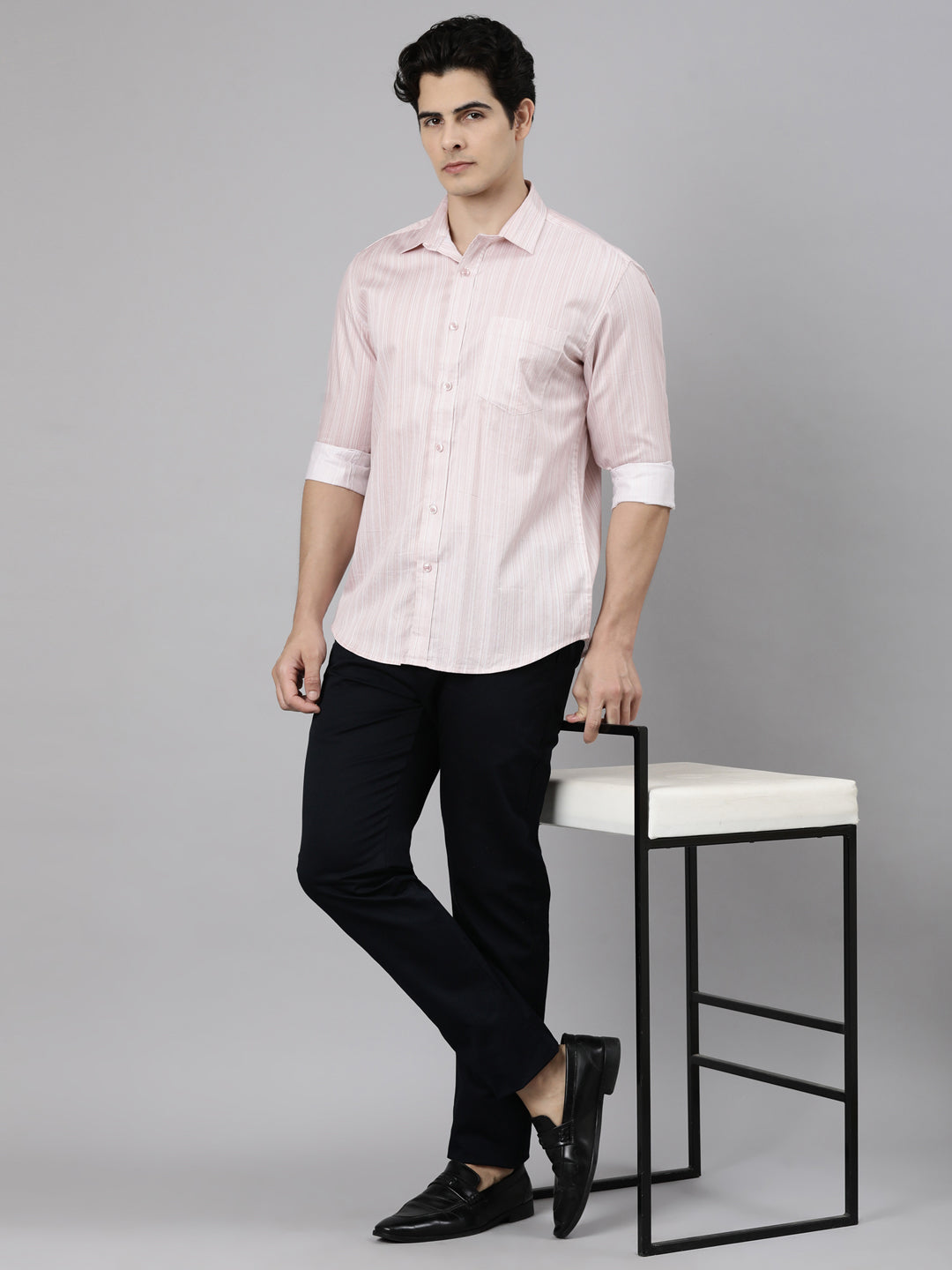 Classic Polo Men's Full Sleeve Light Pink Polo Neck Slim Fit Striped Cotton Casual Shirt | SS1-EL-11 A-FS-PRT-SF