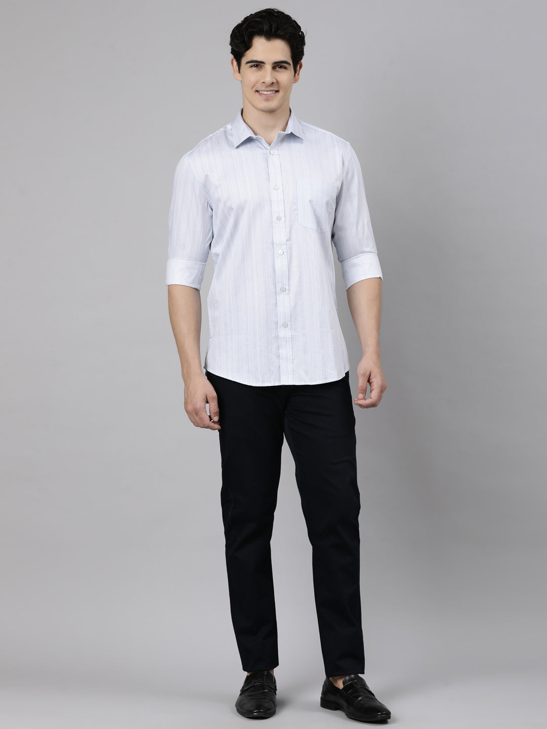 Classic Polo Men's Full Sleeve Light Grey Polo Neck Slim Fit Striped Cotton Casual Shirt | SS1-EL-11 B-FS-PRT-SF