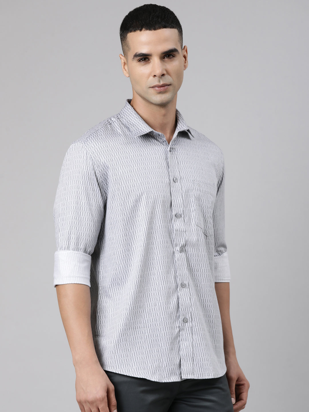 Classic Polo Men's Full Sleeve Light Grey Polo Neck Slim Fit Printed Cotton Casual Shirt | SS1-EL-12 B-FS-PRT-SF