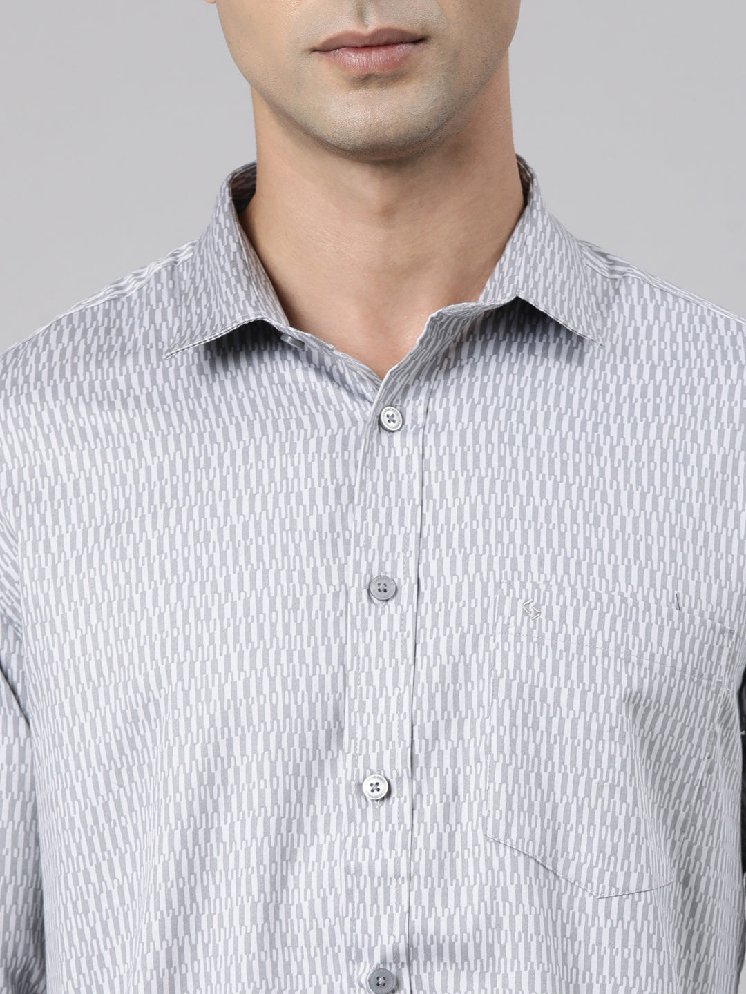 Classic Polo Men's Full Sleeve Light Grey Polo Neck Slim Fit Printed Cotton Casual Shirt | SS1-EL-12 B-FS-PRT-SF
