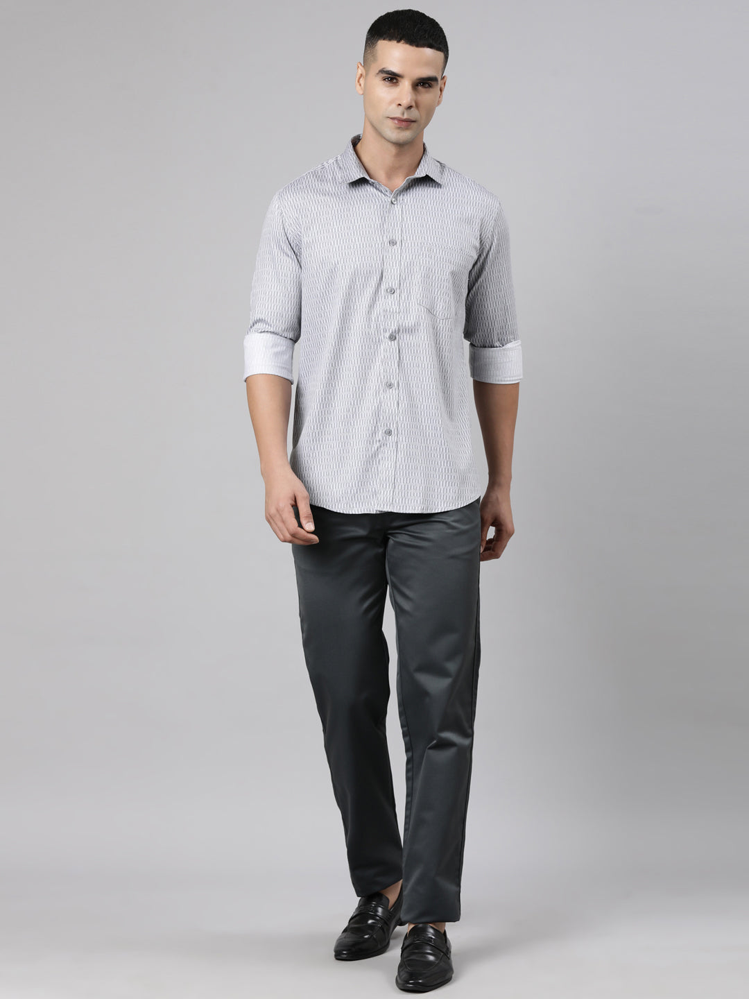 Classic Polo Men's Full Sleeve Light Grey Polo Neck Slim Fit Printed Cotton Casual Shirt | SS1-EL-12 B-FS-PRT-SF