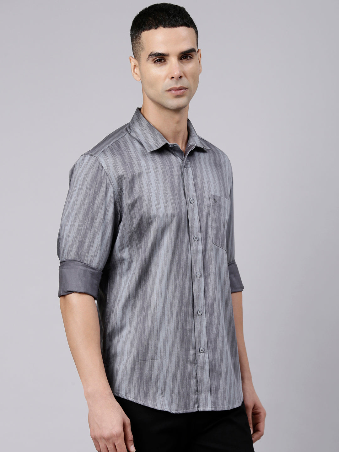 Classic Polo Men's Full Sleeve Steel Grey Polo Neck Slim Fit Printed Cotton Casual Shirt | SS1-EL-14 A-FS-PRT-SF