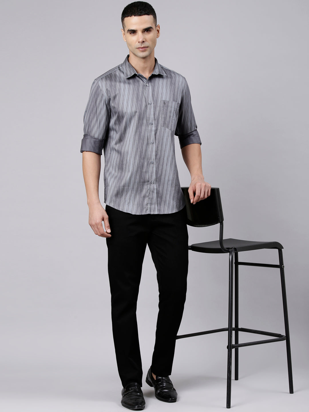 Classic Polo Men's Full Sleeve Steel Grey Polo Neck Slim Fit Printed Cotton Casual Shirt | SS1-EL-14 A-FS-PRT-SF
